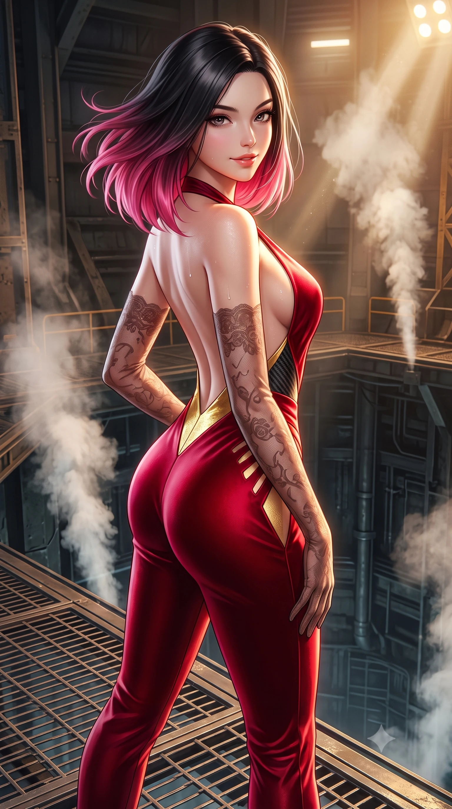 score_9, masterpiece, best quality, ultra-detailed, high-budget anime keyframe, semi-realistic 3D game render, editorial fashion photography, tasteful artistic composition, Korean woman. close-up cowboy shot from the waist and thighs up, the character dominates the composition, filling the frame with her large presence. turning slowly with an enchanting smoldering smile, her glossy hair tossing in the breeze as her hips angle gracefully in a captivating contrapposto while standing poised on the industrial metal grating catwalk high above the silo chasm, arching her back with breathless operative glamour. The surrounding environment is rendered in vivid detail and crisp panoramic clarity: detailed carbon-fiber armor insert weave, dewy steam droplets on skin, and heavy bunker engineering in razor-sharp resolution. She has an exceptionally elegant, slender, and willowy female figure with an ultra-slim waist, flat toned midriff, narrow ribcage, and sculpted feminine hips creating an alluring, slim hourglass silhouette without bulk. sharp v-shaped jawline, high-bridge nose, sparkling eyes with hypnotic seductive depth, thick curled eyelashes, glossy parted lips with a natural dewy peach sheen, alluring bedroom-eyes with an enchanting coquettish smile, exuding magnetic siren charisma and sophisticated glamour, flawlessly proportioned anatomical accuracy, strict slender model proportions, natural body alignment, perfectly sculpted long slender limbs, ultra-slim waistline, clean dynamic posture without body distortion. wearing a backless plunge-front second-skin stealth jumpsuit with fluid tapered legs and laser-cut hip ventilation in royal opera house crimson velvet and shimmering gold leaf, crafted from fluid liquid silk satin that clings smoothly to every curve with a dewy sheen, complemented by sheer opera-length lace evening gloves tracing her slender arms, the high-slit wrap tailoring accentuating her ultra-slim waistline and the enchanting curve of her feminine hips with alluring seductive charm. bathed in warm halogen work-lights cutting through dramatic shafts of white pressurized steam. highly saturated vibrant anime colors, detailed shading with soft gradients, rich glossy textures, high-contrast stereoscopic depth, volumetric dynamic lighting, master piece, 9:16 ratio