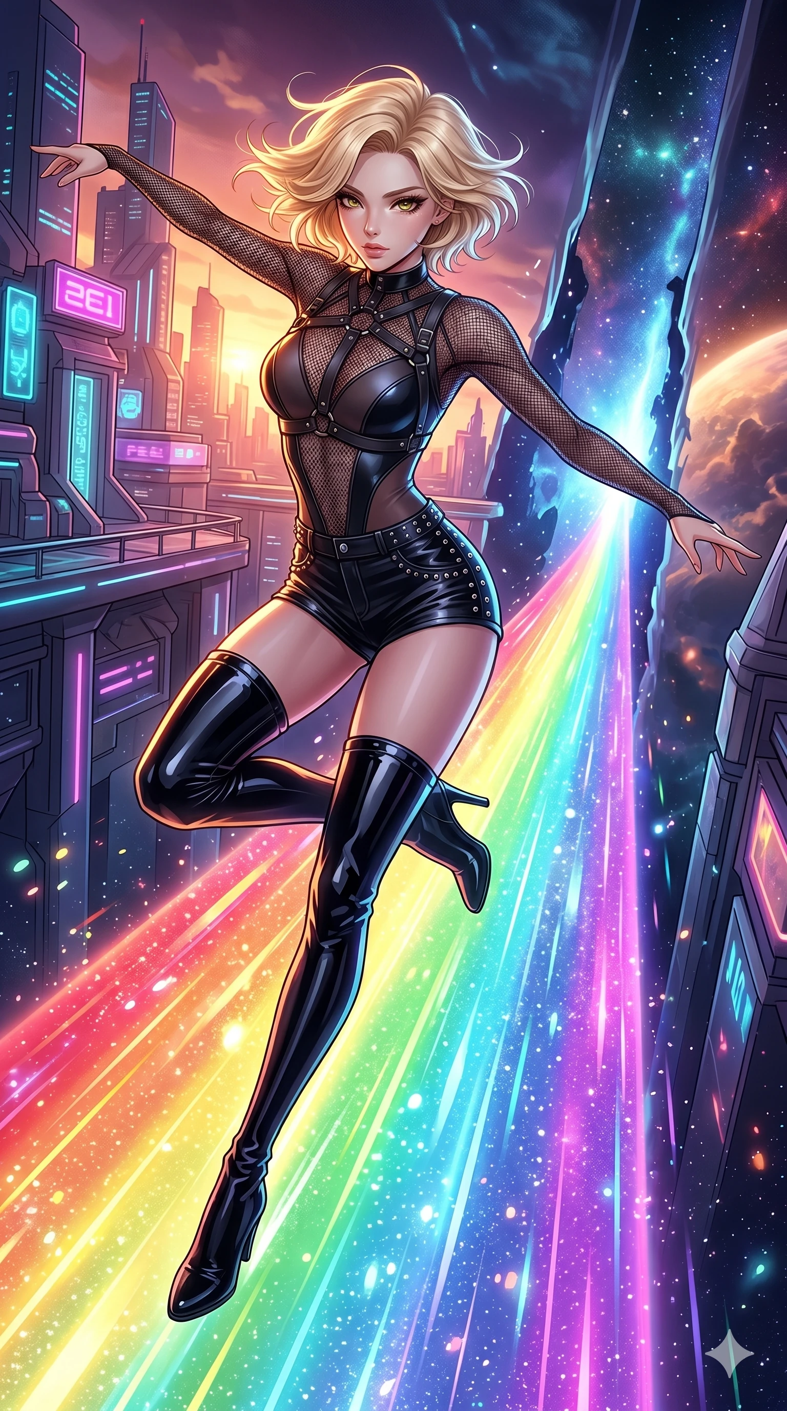 score_9, masterpiece, best quality, ultra-detailed, high-budget anime movie keyframe, cinematic anime lighting, intricate line art, Korean woman. Dynamic full-body shot stretching the vertical silhouette with extreme perspective. dancing on a bridge of rainbow light that spans two dimensions. She has an absolutely perfect 8-heads proportion, an exceptionally tall and slender female figure with graceful and slender proportions. strictly human anatomy, two legs only, no extra limbs, clearly defined legs and arms, perfect anatomy, perfect hands and fingers. sharp v-shaped jawline, high-bridge nose, intricate jewel-like eyes, thick eyelashes, glossy lips. Wearing Dynamic performance outfit: Leather harness over mesh, sleek bodysuit, studded stylish shorts, and thigh-high patent boots. The scene is illuminated by dramatic atmospheric lighting and vibrant color palettes. , 2k, ultra detail, master piece, 9:16 ratio