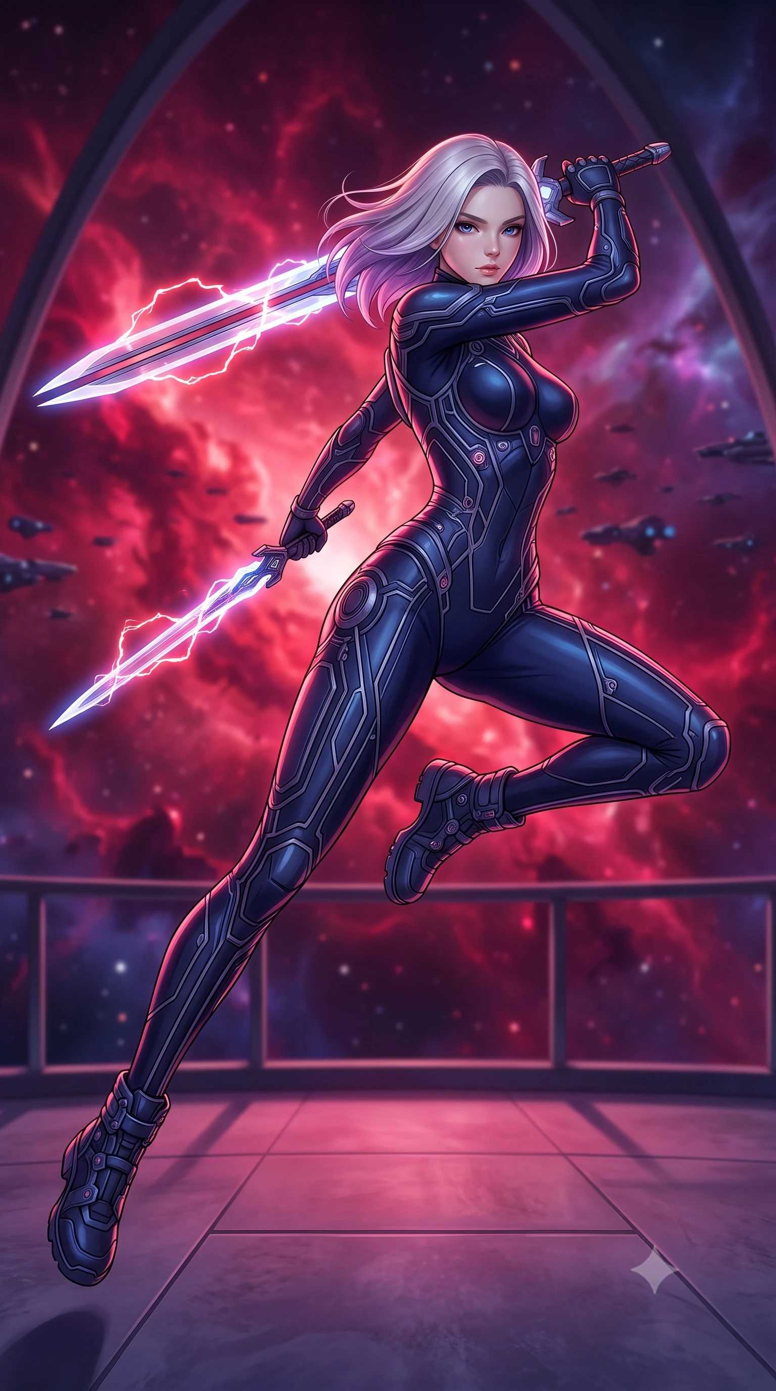 score_9, masterpiece, best quality, ultra-detailed, high-budget anime keyframe, editorial fashion photography, tasteful artistic composition, Caucasian woman. low angle full-body shot from head to toe showing her feet, filling the entire 9:16 vertical frame with her statuesque presence, stretching her vertical silhouette. leaping forward while slashing with a twin-bladed plasma sword in mid-air, her body-contouring suit showing her athletic silhouette, the background shows a soft-focus a space cruiser dome balcony looking at a massive crimson cosmic nebula. She has an absolutely perfect, statuesque 8.5-heads proportion, an exceptionally tall and slender model-like female figure with impossibly long slender legs and an ultra-slim waist. sharp v-shaped jawline, high-bridge nose, intricate jewel-like eyes with depth, thick eyelashes, glossy lips with a natural sheen. wearing a body-hugging body-hugging deep navy nano-texturing catsuit decorated with thin, glowing cybernetic circuitry lines. deep crimson and violet nebula gas light painting the room in a cosmic wash. highly saturated vibrant anime colors, detailed shading with soft gradients, rich glossy textures, high-contrast stereoscopic depth, volumetric dynamic lighting, master piece, 9:16 ratio