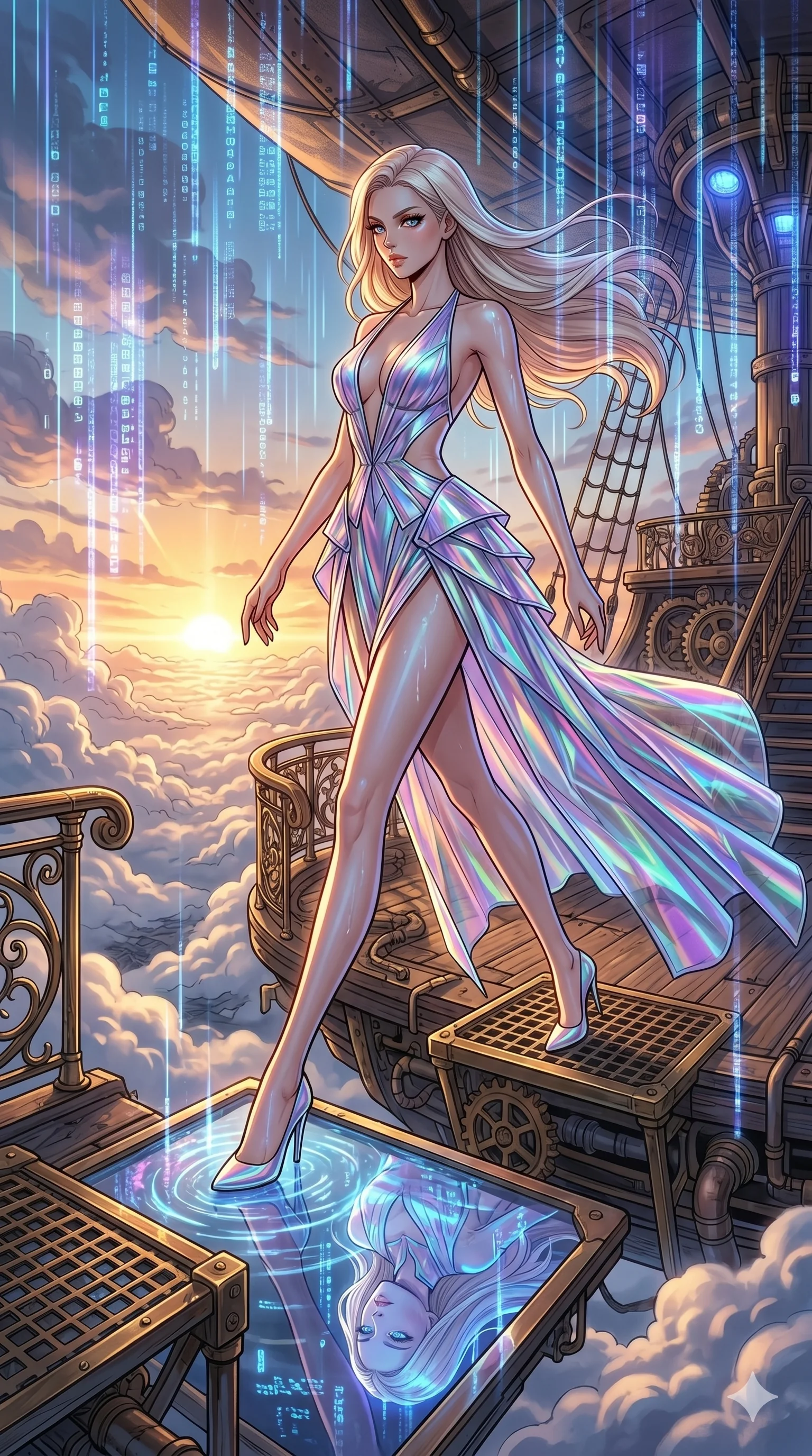 score_9, masterpiece, best quality, ultra-detailed, high-budget anime movie keyframe, cinematic anime lighting, intricate line art, Korean woman. Dynamic full-body shot stretching the vertical silhouette across the 9:16 frame. navigating a sea of clouds in a steampunk airship deck with holographic rain. She has an absolutely perfect 8-heads proportion, an exceptionally tall and slender female figure with an ultra-slim waist and impossibly long slender legs. sharp v-shaped jawline, high-bridge nose, intricate jewel-like eyes, thick eyelashes, glossy lips. Wearing avant-garde high-fashion gown made of iridescent vinyl with a dangerously high side slit and a plunging neckline, revealing an ultra-slim waist and long slender legs. The scene is illuminated by dramatic atmospheric lighting and vibrant color palettes. , 2k, ultra detail, master piece, 9:16 ratio