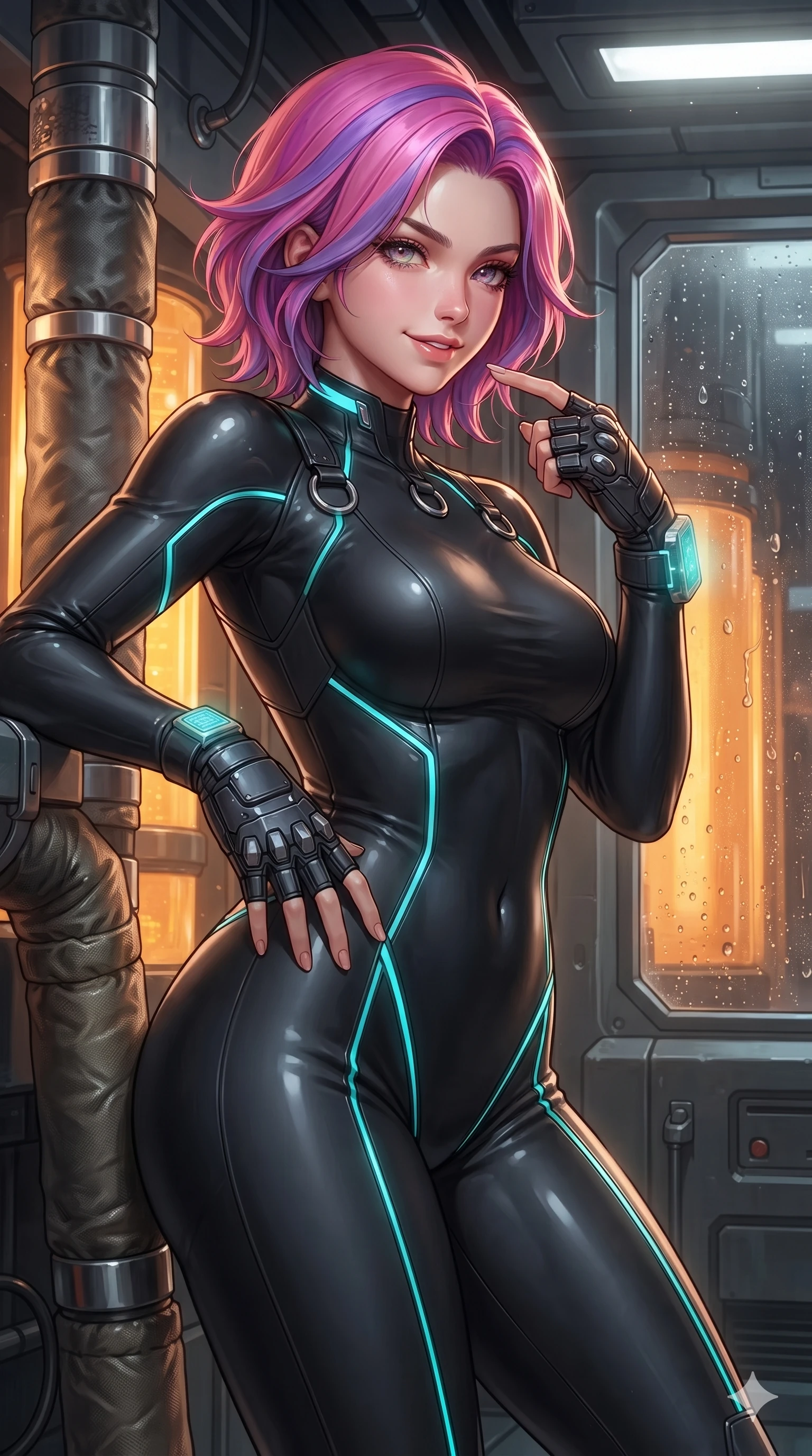 score_9, masterpiece, best quality, ultra-detailed, high-budget anime keyframe, editorial fashion photography, tasteful artistic composition, Caucasian woman. close-up cowboy shot from the waist and thighs up, the character dominates the composition, filling the frame with her large presence. tilting her head with a teasing half-smile, running one finger slowly along her glowing comm-link collar in a flirtatious gesture while leaning against a heavy insulated conduit casing with hips cocked back, casting an intoxicating bedroom-gaze through condensation droplets. The surrounding environment is rendered in vivid detail and crisp panoramic clarity: crisp tactical fabric texture, polished chrome harness rings, and industrial architecture in razor-sharp precision. She has an exceptionally elegant, slender, and willowy female figure with an ultra-slim waist, flat toned midriff, narrow ribcage, and sculpted feminine hips creating an alluring, slim hourglass silhouette without bulk. sharp v-shaped jawline, high-bridge nose, intricate jewel-like sparkling eyes with depth, thick eyelashes, glossy parted lips with a natural sheen, bright confident smile with an enchanting and coquettish sensual glint, exuding both youthful magnetic charm and sovereign high-tech allure, flawlessly proportioned anatomical accuracy, strict slender model proportions, natural body alignment, perfectly sculpted long slender limbs, ultra-slim waistline, clean dynamic posture without body distortion. wearing a sculpted liquid vinyl second-skin bodycon suit hugging every curve of her feminine hips with metallic luster in matte obsidian black and glowing neon cyan trim, tailored from ultra-reflective glossy liquid vinyl with mirror-like specular highlights, complemented by fingerless armored tactical gloves and a glowing holographic wrist terminal, the glove-like clinging cut tightly following the natural contour of her hips and long slender legs with youthful 8.5-heads elegance. bathed in the warm luminous glow emanating from within the amber coolant columns mixed with crisp overhead white floodlights. ultra-reflective glossy finish, specular highlights, rich textural contrasts, high-contrast stereoscopic depth, volumetric dynamic lighting, 2k, ultra detail, master piece, 9:16 ratio