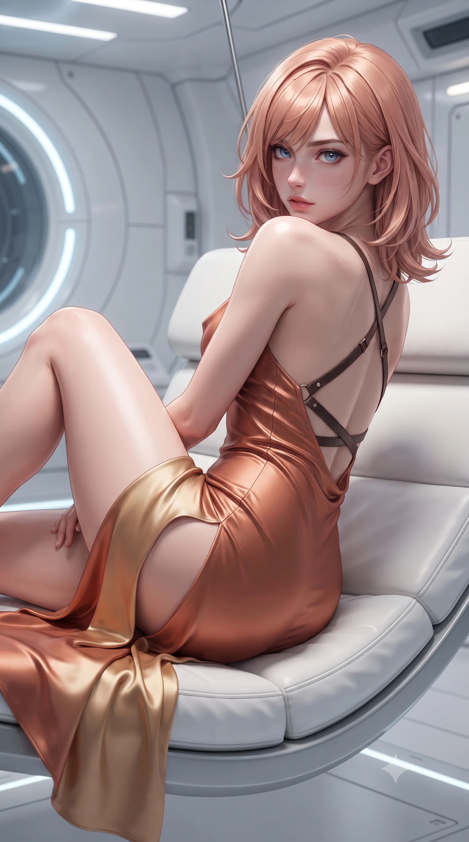 score_9, masterpiece, best quality, ultra-detailed, high-budget anime keyframe, editorial fashion photography, tasteful artistic composition, Japanese woman. close-up cowboy shot from the waist and thighs up, the character dominates the composition, filling the frame with her large presence. leaning back with relaxed seductive grace, her sculpted collarbones and narrow waist highlighted as she casts smoldering bedroom-eyes directly into the camera while reclining on a suspended zero-gravity white leather daybed with one knee drawn up, looking back over her bare shoulder with celestial bedroom-eyes. The composition keeps background elements in soft focus with creamy bokeh. sleek white space station bulkheads and glowing telemetry rings softened in futuristic shallow focus. She has an exceptionally elegant, slender, and willowy female figure with an ultra-slim waist, flat toned midriff, narrow ribcage, and sculpted feminine hips creating an alluring, slim hourglass silhouette without bulk. sharp v-shaped jawline, high-bridge nose, intricate jewel-like eyes with depth, thick eyelashes, glossy parted lips with a natural sheen, intensely captivating and seductive bedroom-eyes expression, flawlessly proportioned anatomical accuracy, strict slender model proportions, natural body alignment, perfectly sculpted long slender limbs, ultra-slim waistline, clean dynamic posture without body distortion. wearing a backless cowl-neck satin slip dress featuring high-cut side hip slits and delicate criss-cross back straps in desert terracotta copper and sun-baked sand gold, tailored from liquid silk jersey adhering flawlessly to her slender build, featuring an open-back criss-cross harness strap in dark leather, the liquid-tight tailored fabric clinging flawlessly to her narrow waist and rounded feminine hips, emphasizing every millimeter of her sculpted slim hourglass curves without any bulky heaviness. illuminated by sleek metallic specular reflections sharply defining her bare collarbones, ultra-slim waist, and curvy hips. ultra-reflective glossy finish, specular highlights, rich textural contrasts, high-contrast stereoscopic depth, volumetric dynamic lighting, 2k, ultra detail, master piece, 9:16 ratio