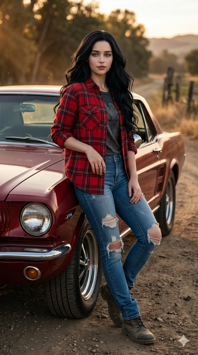score_9, score_8_up, score_7_up, source_anime, masterpiece, best quality, ultra-detailed, same character with long flowing black hair, wearing a red plaid flannel shirt over a graphic tee and ripped jeans, full body shot leaning casually against a cl