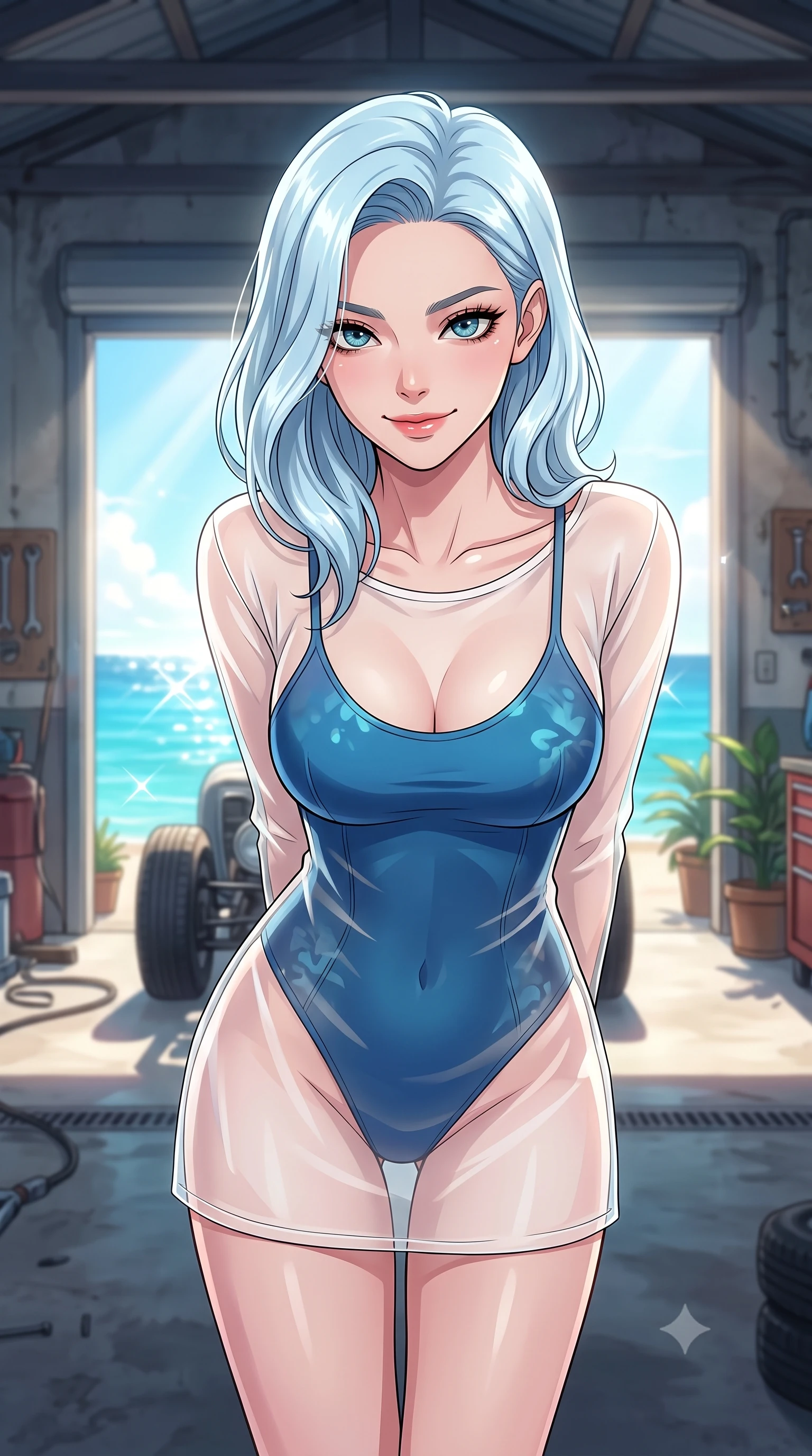 score_9, masterpiece, best quality, ultra-detailed, high-budget anime keyframe, tasteful artistic composition, Korean woman. close-up cowboy shot from the waist and thighs up, the character dominates the composition, filling the frame with her large presence, background elements kept in soft focus. leaning slightly forward with a playful, teasing smile, her gaze locked onto the viewer the background shows a soft-focus a coastal villa garage with open bays overlooking the turquoise ocean water. She has an exceptionally elegant, slender, and willowy female figure with an ultra-slim waist, a gracefully sculpted slender torso, and a refined silhouette. sharp v-shaped jawline, high-bridge nose, intricate jewel-like eyes with depth, thick eyelashes, glossy lips with a natural sheen. wearing a slim-fit sheer white organza resort cover-up worn over a form-fitting one-piece swimsuit, showing her elegant clavicle lines. bright morning sun rays creating sparkling glints on the sea and the car chassis. highly saturated vibrant anime colors, cel-shading, 2d style, master piece, 9:16 ratio