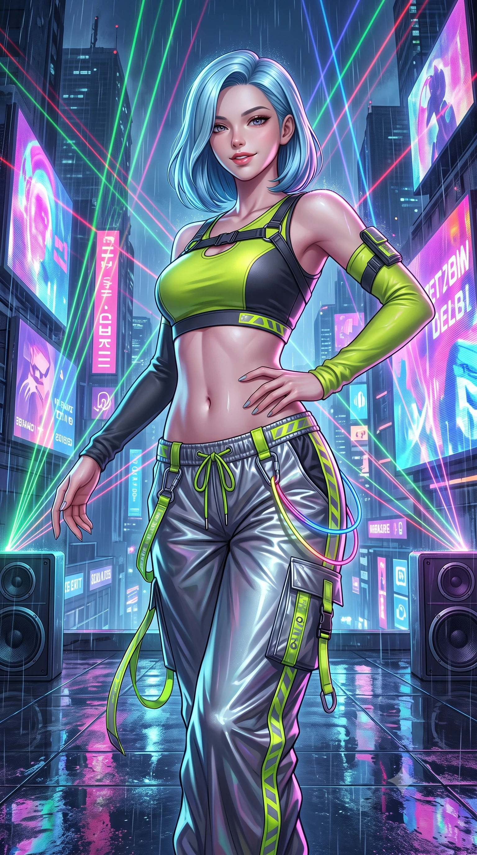 score_9, masterpiece, best quality, ultra-detailed, high-budget anime keyframe, semi-realistic 3D game render, editorial fashion photography, tasteful artistic composition, Korean woman. close-up cowboy shot from the waist and thighs up, the character dominates the composition, filling the frame with her large presence. smiling with subtle, enchanting allure and glossy parted lips, one hand resting on her waist with effortless supermodel poise while dancing dynamically on a rain-slicked skyscraper rooftop amidst pulsating RGB laser beams and giant holographic billboards. The surrounding environment is rendered in vivid detail and crisp panoramic clarity. intricate audio speaker grilles, glowing LED accessory cables, and laser beam paths in high resolution. She has an exceptionally elegant, slender, and willowy female figure with an ultra-slim waist, a gracefully sculpted slender torso, toned flat midriff, and a refined slim silhouette. sharp v-shaped jawline, high-bridge nose, intricate jewel-like eyes with depth, thick eyelashes, glossy lips with a natural sheen, captivating and magnetic expression, flawlessly proportioned anatomical accuracy, strict slender model proportions, natural body alignment, perfectly sculpted long slender limbs, ultra-slim waistline, clean dynamic posture without body distortion. wearing a sporty asymmetrical sleeve-warmer crop top with low-slung metallic parachute track pants in acid lime green and dark carbon grey, crafted from flexible reflective spandex and tactical webbing, finished with reflective safety hazard tape details and carabiner clips, the form-contouring material adhering flawlessly to her sculpted flat midriff and slender torso, emphasizing her long leg lines and perfectly proportioned willowy build. illuminated by crisp rim lights accentuating her ultra-slim waistline and long athletic limbs. highly saturated vibrant anime colors, detailed shading with soft gradients, rich glossy textures, high-contrast stereoscopic depth, volumetric dynamic lighting, master piece, 9:16 ratio