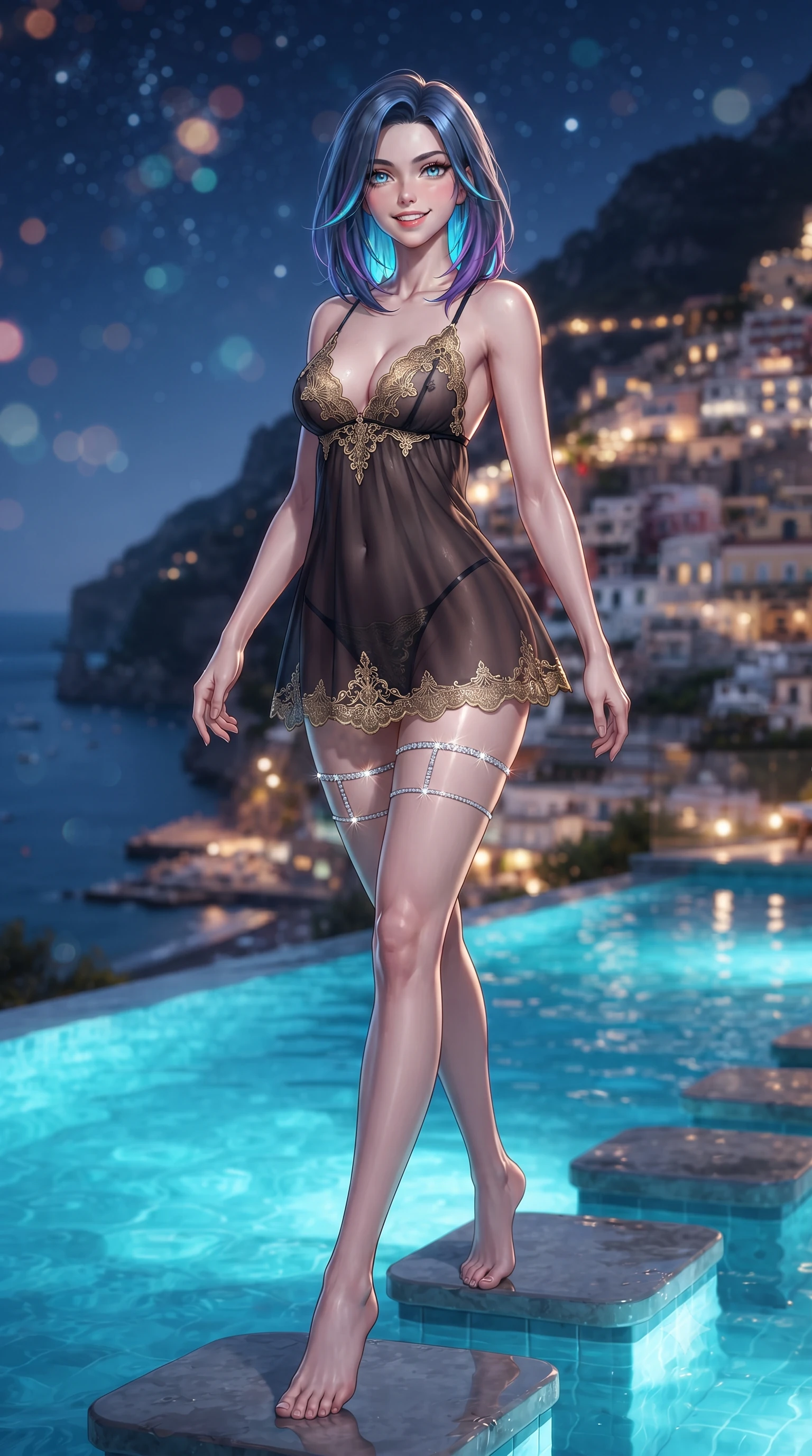 score_9, masterpiece, best quality, ultra-detailed, high-budget anime keyframe, editorial fashion photography, tasteful artistic composition, Caucasian woman. low angle full-body shot from head to toe showing her feet, filling the entire 9:16 vertical frame with her statuesque presence, stretching her vertical silhouette. stepping forward in a confident stride, her long slender legs and curvaceous hips creating a dynamic, sweeping vertical line while standing poised on the submerged stepping stones in the heated cliffside infinity pool, arching her lower back with wet-look siren grace as tiers of Positano pastel houses sparkle below. The background shows a soft-focus cascading cliffside tiers of terracotta and pastel villas illuminated like fallen stars, dark Tyrrhenian Sea swells, and starry sky blurred into coral, topaz, and sapphire bokeh. She has an exceptionally tall and slender model-like 8.5-heads proportion, an ultra-slim waist, a flat toned midriff, narrow delicate ribcage, and beautifully sculpted feminine hips creating a graceful, slim hourglass silhouette without any bulky heaviness, with impossibly long slender legs. sharp v-shaped jawline, high-bridge nose, intricate jewel-like sparkling eyes with depth, thick eyelashes, glossy parted lips with a natural peach sheen, bright cheerful beaming smile with an enchanting and coquettish sensual glint, exuding both youthful cute charm and seductive allure, flawlessly proportioned anatomical accuracy, strict slender model proportions, natural body alignment, perfectly sculpted long slender limbs, ultra-slim waistline, clean dynamic posture without body distortion. wearing an alluring semi-sheer silk organza babydoll slip with plunging gold-embroidered neckline and scalloped hem in deep midnight obsidian black and liquid champagne gold, crafted from fluid liquid silk satin that clings smoothly to her narrow waist and rounded hips with a dewy sheen, finished with delicate crystal-encrusted thigh garter straps glinting in the dim light, the second-skin tailored fabric adhering flawlessly to her sculpted flat midriff and slender torso, emphasizing her long leg lines and perfectly proportioned willowy build. bathed in electric underwater pool turquoise LEDs contrasted with warm golden village lights and Mediterranean moonlight. ultra-reflective glossy finish, specular highlights, rich textural contrasts, high-contrast stereoscopic depth, volumetric dynamic lighting, 2k, ultra detail, master piece, 9:16 ratio