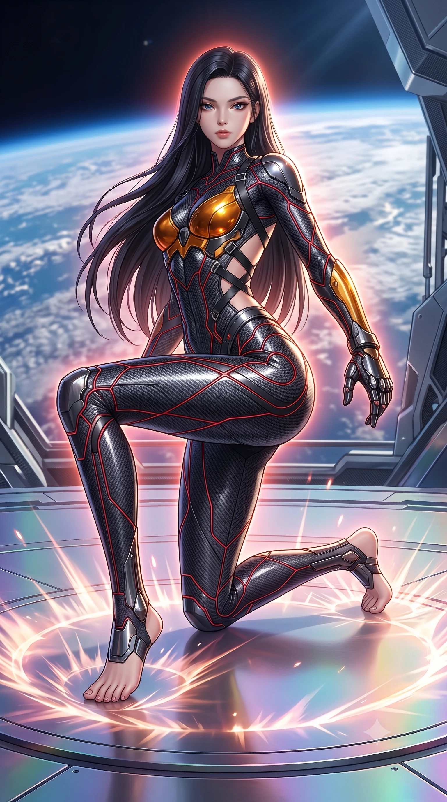 score_9, masterpiece, best quality, ultra-detailed, high-budget anime keyframe, semi-realistic 3D game render, editorial fashion photography, tasteful artistic composition, Korean woman. low angle full-body shot from head to toe showing her feet, filling the entire 9:16 vertical frame with her statuesque presence, stretching her vertical silhouette. landing gracefully from a high-altitude leap on one knee and palm, her statuesque silhouette framed by radial shockwave ripples in the ground while arching her back gracefully in zero-gravity with arms outstretched in fluid kinetic tension as solar rays trace her torso. The surrounding environment is rendered in vivid detail and crisp panoramic clarity. sharp carbon armor joint seams, polished knuckle plate facets, and Earth's atmospheric haze in deep focus. She has an absolutely perfect, statuesque 8.5-heads proportion, an exceptionally tall and slender model-like female figure with impossibly long slender legs, a toned flat midriff, and an ultra-slim waist. sharp v-shaped jawline, high-bridge nose, intricate jewel-like eyes with depth, thick eyelashes, glossy lips with a natural sheen, flawlessly proportioned anatomical accuracy, strict slender model proportions, natural body alignment, perfectly sculpted long slender limbs, ultra-slim waistline, clean dynamic posture without body distortion. wearing a second-skin dark gunmetal carbon-weave battle-suit with crimson laser conduits and high-frequency knuckle strike plates in molten amber-gold carbon cuirass with dark titanium weave, formed from high-gloss patent carbon-plating with specular chiaroscuro reflections, complemented by criss-cross back harness straps highlighting her completely bare spine, the sleek second-skin cut tightly hugging her graceful clavicle, narrow waist, and feminine curves with athletic precision. surrounded by an awe-inspiring, serene, and radiantly supreme celestial martial goddess aura. rich saturated anime colors with glowing neon highlights, detailed shading with soft gradients, rich glossy textures, high-contrast stereoscopic depth, volumetric dynamic lighting, master piece, 9:16 ratio