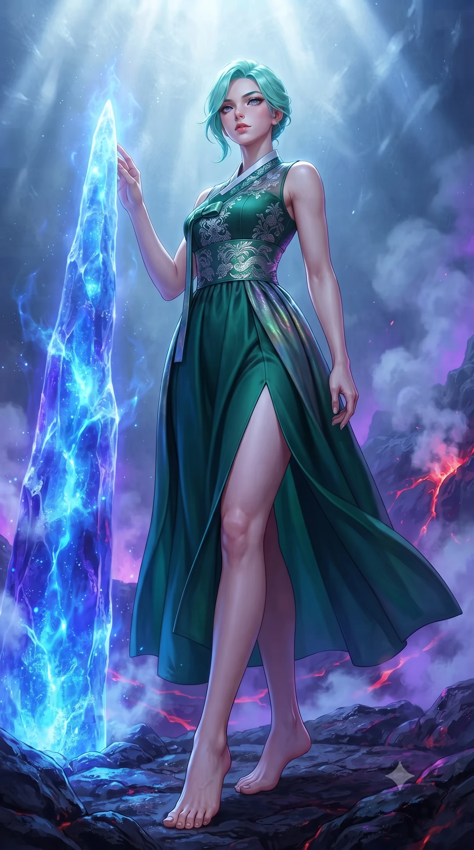 score_9, masterpiece, best quality, ultra-detailed, high-budget anime keyframe, editorial fashion photography, tasteful artistic composition, Japanese woman. low angle full-body shot from head to toe showing her feet, filling the entire 9:16 vertical frame with her statuesque presence, stretching her vertical silhouette. interacting gracefully with the magical floating elements while maintaining a confident posture touching a frozen lava crystal spire glowing with high-energy plasma, steam clouds rising from lava cracks reflecting deep violet and indigo. She has an absolutely perfect, statuesque 8.5-heads proportion, an exceptionally tall and slender model-like female figure with impossibly long slender legs and an ultra-slim waist. sharp v-shaped jawline, high-bridge nose, intricate jewel-like eyes with depth, thick eyelashes, glossy lips with a natural sheen. wearing a modern fusion silk hanbok dress with a structured bodice in deep emerald green and silver accent, crafted from iridescent chiffon that shifts colors in the light, finished with a sleek side slit ascending to mid-thigh, the tailored fabric tightly following every curve of her athletic build. illuminated by intense cobalt blue magma glow and icy silver moonlight. highly saturated vibrant anime colors, detailed shading with soft gradients, rich glossy textures, high-contrast stereoscopic depth, volumetric dynamic lighting, master piece, 9:16 ratio