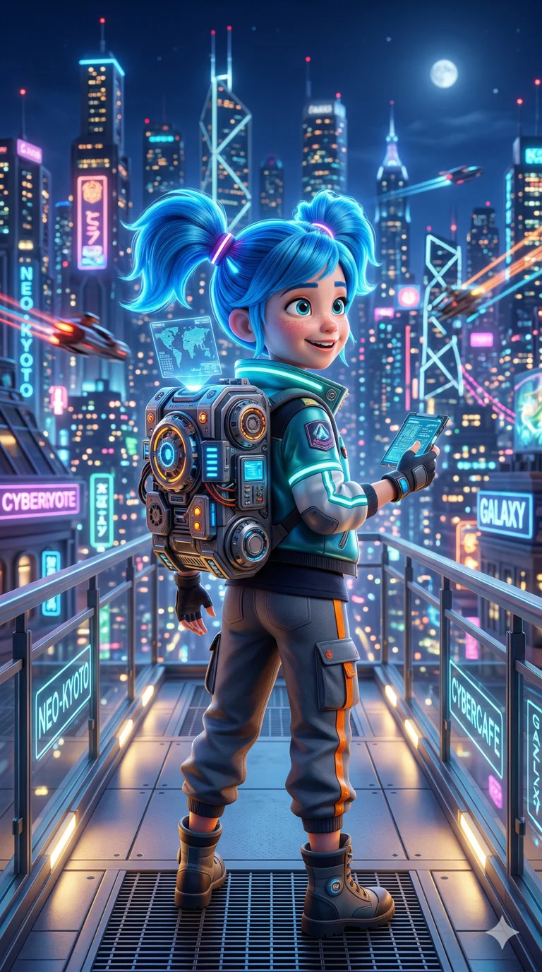 (masterpiece:1.2), best quality, highres, (3D character:1.2), beautiful girl, blue pigtails, (mechanical backpack:1.1), Pixar style, city of lights background, 2k, ultra detail, 9:16 ratio