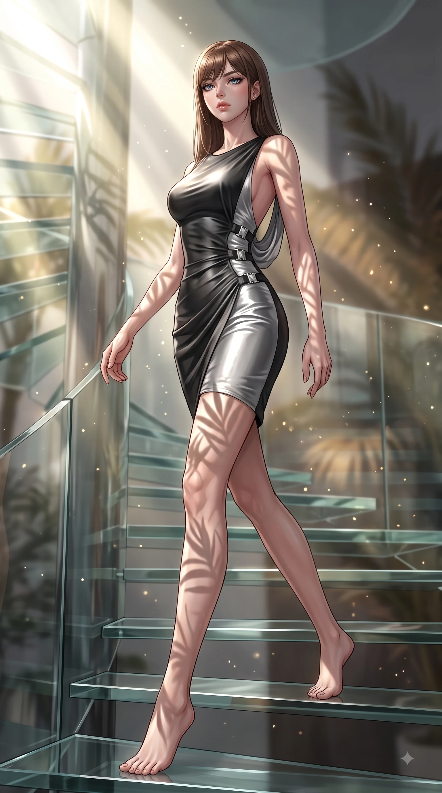 score_9, masterpiece, best quality, ultra-detailed, high-budget anime keyframe, editorial fashion photography, tasteful artistic composition, Korean woman. low angle full-body shot from head to toe showing her feet, filling the entire 9:16 vertical frame with her statuesque presence, stretching her vertical silhouette. stepping forward in a proud dynamic stride with an alluring waist tilt, her vertical silhouette filling the frame while ascending a vertical glass spiral staircase enveloped by tropical volumetric sunbeams, glowing pollen particles drifting gracefully around her statuesque silhouette. She has an absolutely perfect, statuesque 8.5-heads proportion, an exceptionally tall and slender model-like female figure with impossibly long slender legs and an ultra-slim waist. sharp v-shaped jawline, high-bridge nose, intricate jewel-like eyes with depth, thick eyelashes, glossy lips with a natural sheen, flawlessly proportioned anatomical accuracy, natural body alignment, perfectly sculpted elegant limbs, clean dynamic posture without body distortion. wearing a precision-fitted liquid jersey bodycon dress with a graceful draped back in matte black and polished silver, crafted from lustrous satin jersey with fluid draping, detailed with polished silver buckles along the waistline, the tailored fabric tightly following every curve of her athletic build. illuminated by brilliant sunbeams casting organic leaf stencil shadows. ultra-reflective glossy finish, specular highlights, metallic sheen, high-contrast stereoscopic depth, volumetric dynamic lighting, 2k, ultra detail, master piece, 9:16 ratio