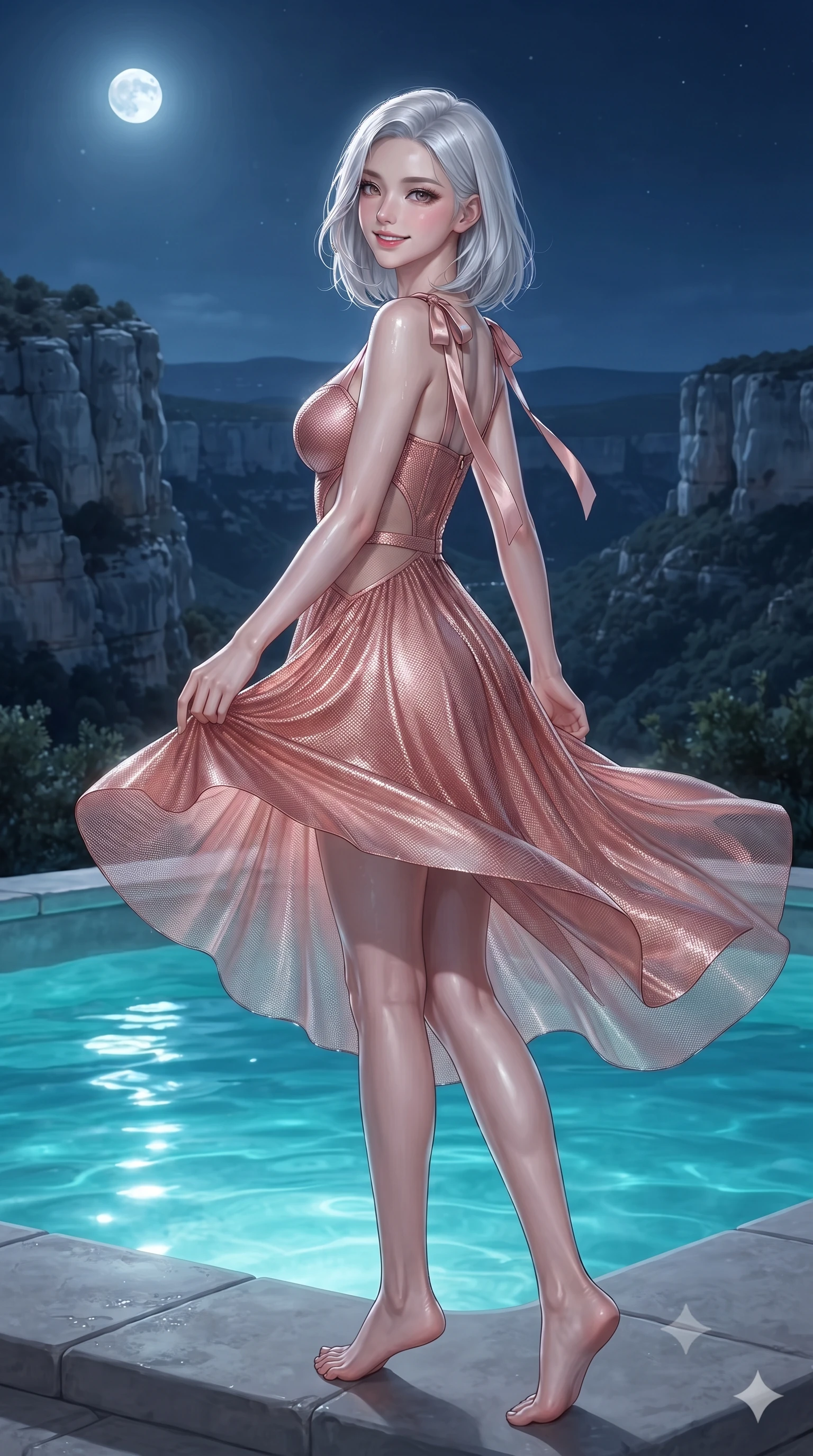 score_9, masterpiece, best quality, ultra-detailed, high-budget anime keyframe, editorial fashion photography, tasteful artistic composition, Korean woman. low angle full-body shot from head to toe showing her feet, filling the entire 9:16 vertical frame with her statuesque presence, stretching her vertical silhouette. executing a slow, graceful pivot turn as her skirt sways around her slender legs, glancing back with an enchanting, teasing sensual expression while lounging in the heated water propped on the pool rim with legs extended, her statuesque 8.5-heads silhouette commanding the canyon panorama. The surrounding environment is rendered in vivid detail and crisp panoramic clarity: detailed garment lines, wet cling or tailored fit, and cliffside engineering in high resolution. She has an exceptionally tall and slender model-like 8.5-heads proportion, an ultra-slim waist, a flat toned midriff, narrow delicate ribcage, and beautifully sculpted feminine hips creating a graceful, slim hourglass silhouette without any bulky heaviness, with impossibly long slender legs. sharp v-shaped jawline, high-bridge nose, intricate jewel-like sparkling eyes with depth, thick eyelashes, glossy parted lips with a natural peach sheen, bright cheerful beaming smile with an enchanting and coquettish sensual glint, exuding both youthful cute charm and seductive allure, flawlessly proportioned anatomical accuracy, strict slender model proportions, natural body alignment, perfectly sculpted long slender limbs, ultra-slim waistline, clean dynamic posture without body distortion. wearing an alluring plunging sweetheart bustier dress with sheer mesh side-waist cutouts contouring her ribs in Grasse centifolia rose petal blush and burnished copper, crafted from stretch micro-mesh with liquid foil coating that shimmers with every movement, finished with satin ribbon ties at the shoulders fluttering in the gentle breeze, the second-skin tailored fabric adhering flawlessly to her sculpted flat midriff and slender torso, emphasizing her long leg lines and perfectly proportioned willowy build. bathed in underwater pool turquoise LEDs contrasted with cool silver moonlight on limestone cliffs. ultra-reflective glossy finish, specular highlights, rich textural contrasts, high-contrast stereoscopic depth, volumetric dynamic lighting, 2k, ultra detail, master piece, 9:16 ratio