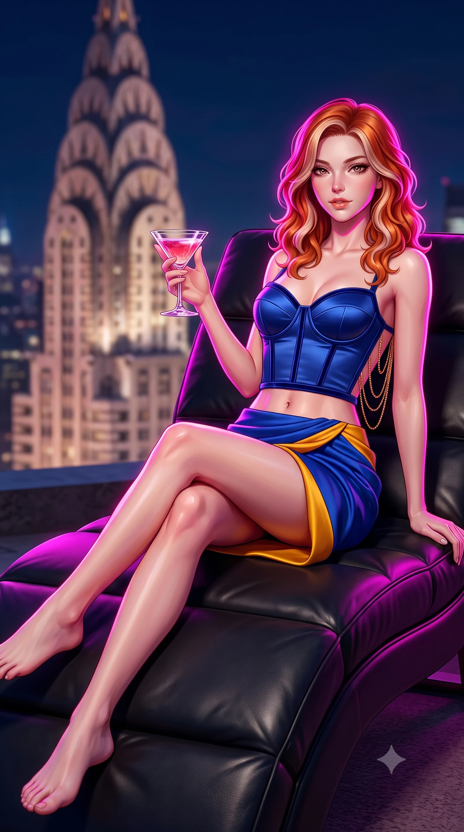 score_9, masterpiece, best quality, ultra-detailed, high-budget anime keyframe, semi-realistic 3D game render, editorial fashion photography, tasteful artistic composition, Caucasian woman. low angle full-body shot from head to toe showing her feet, filling the entire 9:16 vertical frame with her statuesque presence, stretching her vertical silhouette. reclining gracefully across the plush chaise lounge with one leg extended, her sculpted silhouette and flat midriff radiating magnetic nocturnal glamour while lounging gracefully on the outdoor black leather chaise with legs extended, holding a crystal cocktail glass with effortless high-fashion cool. The background shows a soft-focus stepped Art Deco stone spires softened in ultra-modern nocturnal metropolis shallow focus. She has an absolutely perfect, statuesque 8.5-heads proportion, an exceptionally tall and slender model-like female figure with impossibly long slender legs, an ultra-slim waist, a flat toned midriff, narrow delicate ribcage, and beautifully sculpted feminine hips creating a graceful, slim hourglass silhouette without any bulky heaviness. sharp v-shaped jawline, high-bridge nose, sparkling eyes with hypnotic seductive depth, thick curled eyelashes, glossy parted lips with a natural dewy peach sheen, alluring bedroom-eyes with an enchanting coquettish smile, exuding magnetic siren charisma and sophisticated glamour, flawlessly proportioned anatomical accuracy, strict slender model proportions, natural body alignment, perfectly sculpted long slender limbs, ultra-slim waistline, clean dynamic posture without body distortion. wearing a structured boned satin corset bodice with crushed velvet piping paired with a draped tulip mini skirt in Marrakesh cobalt majorelle blue and saffron gold, tailored from fine structural neoprene with crisp architectural edges and smooth contouring, accented with an open-back drape framed by falling strands of delicate gold chains, the second-skin tailored fabric adhering flawlessly to her sculpted flat midriff and slender torso, emphasizing her long leg lines and perfectly proportioned willowy build. illuminated by polished granite reflection fill and sharp electric-magenta rim lights sculpting her razor-sharp jawline, narrow waist, and curvy hips. highly saturated vibrant anime colors, detailed shading with soft gradients, rich glossy textures, high-contrast stereoscopic depth, volumetric dynamic lighting, master piece, 9:16 ratio