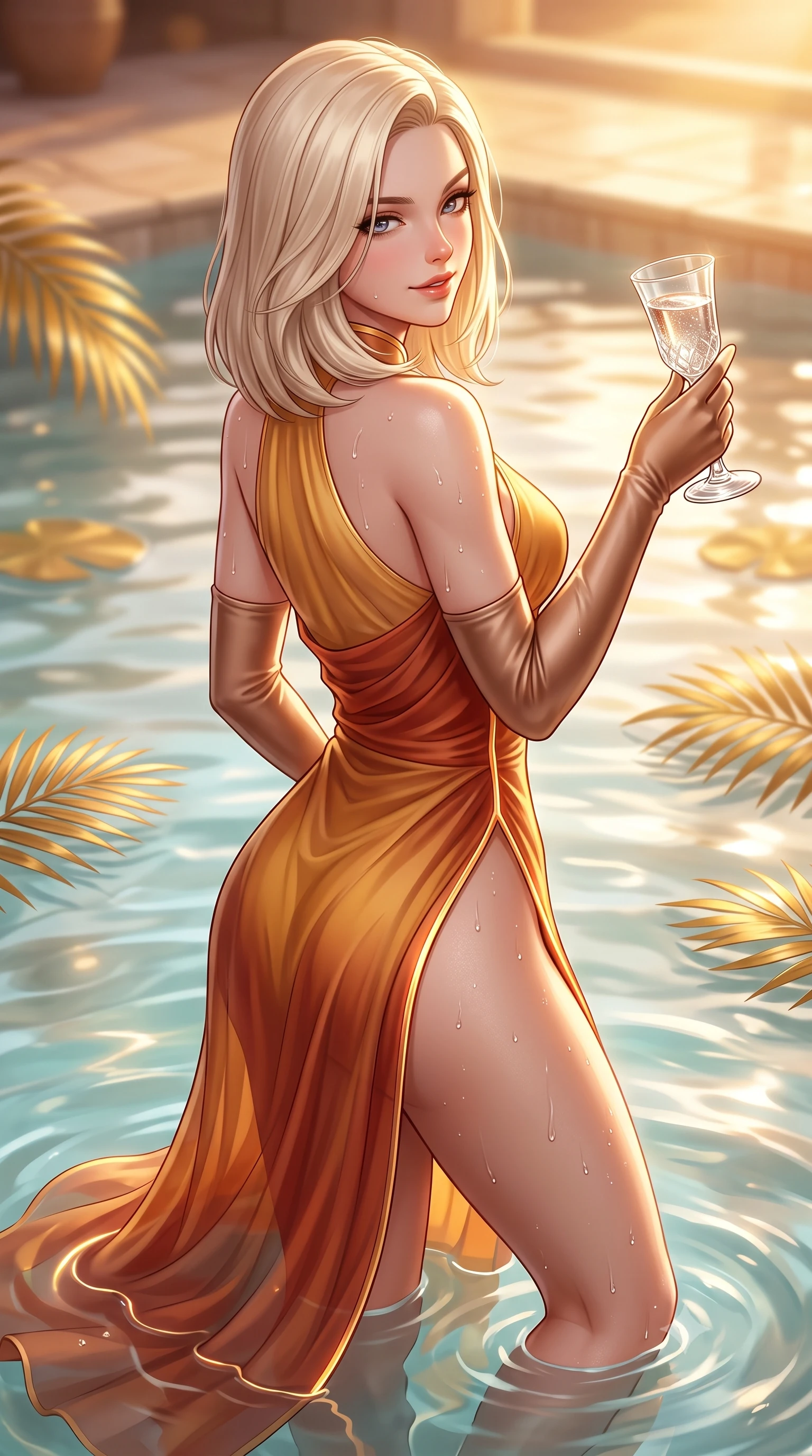score_9, masterpiece, best quality, ultra-detailed, high-budget anime keyframe, semi-realistic 3D game render, editorial fashion photography, tasteful artistic composition, Caucasian woman. close-up cowboy shot from the waist and thighs up, the character dominates the composition, filling the frame with her large presence. turning over a bare shoulder with an intoxicating, teasing smile, her soft hair framing her sharp jawline as her hips angle gracefully while wading languidly through the crystal-clear mineral pool with hips cocked, water droplets beading along her flat midriff and long slender legs. The composition keeps background elements in soft focus with creamy bokeh. floating golden palm leaves and pool water ripples softened in ultra-luxury shallow focus. She has an exceptionally elegant, slender, and willowy female figure with an ultra-slim waist, flat toned midriff, narrow ribcage, and sculpted feminine hips creating an alluring, slim hourglass silhouette without bulk. sharp v-shaped jawline, high-bridge nose, intricate jewel-like eyes with depth, thick eyelashes, glossy parted lips with a natural sheen, intensely captivating and seductive bedroom-eyes expression, flawlessly proportioned anatomical accuracy, strict slender model proportions, natural body alignment, perfectly sculpted long slender limbs, ultra-slim waistline, clean dynamic posture without body distortion. wearing a modernized cyber-qipao mini dress with an ultra-high side slit ascending to the hip and glowing piping in molten desert gold and burnt terracotta, woven from layered gossamer chiffon with a weightless sweeping drape, accessorized with opera-length satin gloves and a vintage crystal glass, the liquid-tight tailored fabric clinging flawlessly to her narrow waist and rounded feminine hips, emphasizing every millimeter of her sculpted slim hourglass curves without any bulky heaviness. bathed in glorious golden hour Arabian sunset backlighting and warm travertine stone bounce fill. highly saturated vibrant anime colors, detailed shading with soft gradients, rich glossy textures, high-contrast stereoscopic depth, volumetric dynamic lighting, master piece, 9:16 ratio