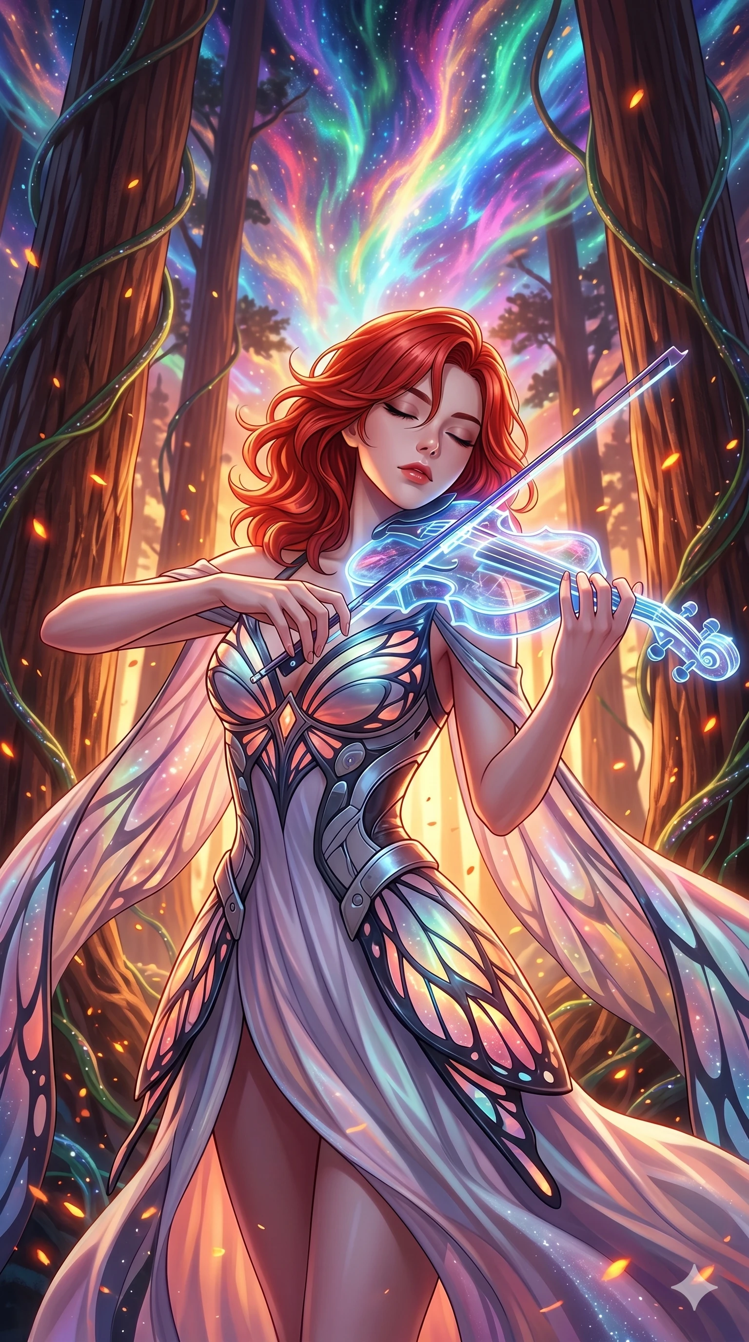score_9, masterpiece, best quality, ultra-detailed, Set A: High-budget Anime Keyframe, Korean woman. Upper body close-up from the thighs up, character filling the screen for maximum presence. Theme: Abstract Cosmic. playing a holographic violin in a giant redwood forest with glowing vines, with a look of serene power as the sky splits into 158 colors. The atmosphere is filled with golden hour with floating embers. She has an absolutely perfect 8-heads proportion, an exceptionally tall and slender female figure with impossibly long slender legs and an ultra-slim waist. Sharp v-shaped jawline, high-bridge nose, intricate jewel-like eyes with depth, glossy lips. Wearing Cybernetic butterfly-theme dress with glowing wing-patterned silk capes. Cinematic lighting, vivid colors, dramatic shadows, 2k, ultra detail, master piece, 9:16 ratio