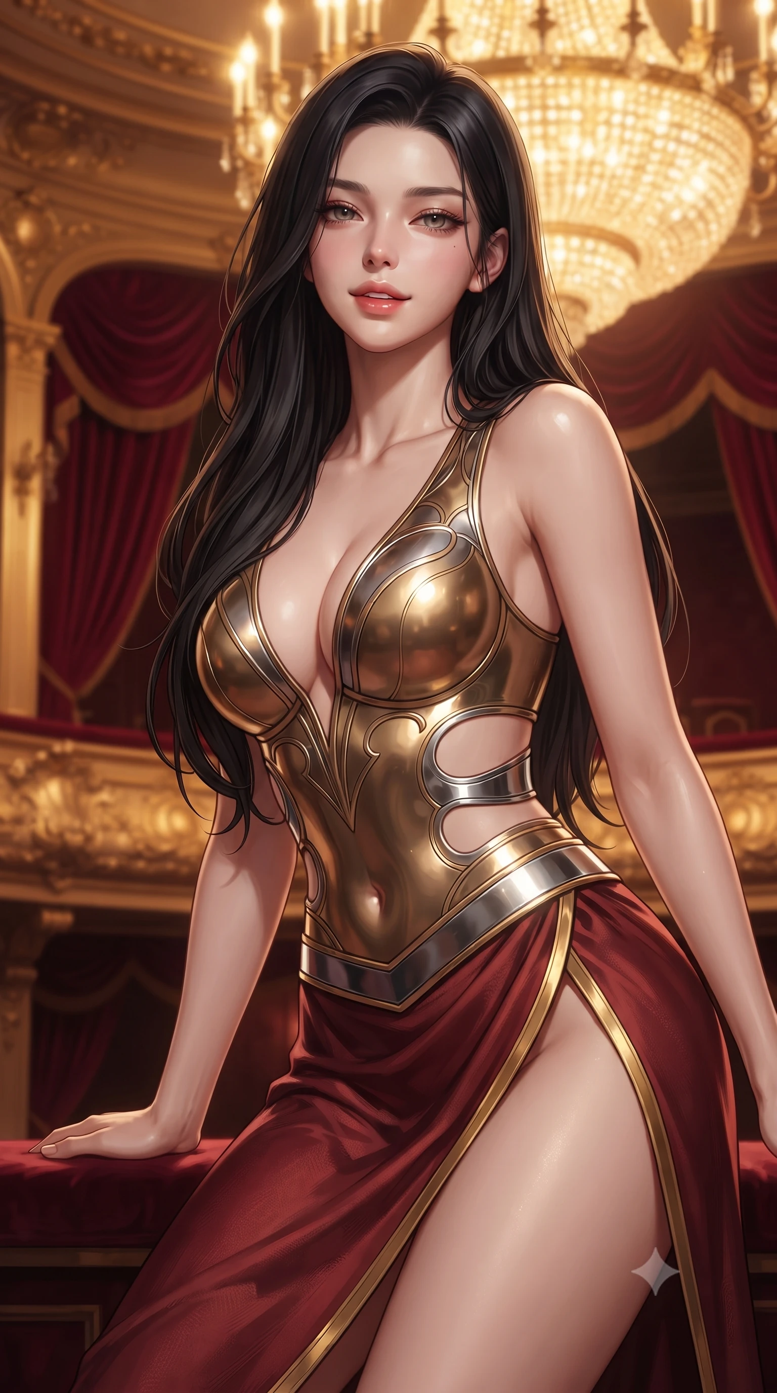 score_9, masterpiece, best quality, ultra-detailed, high-budget anime keyframe, editorial fashion photography, tasteful artistic composition, Korean woman. close-up cowboy shot from the waist and thighs up, the character dominates the composition, filling the frame with her large presence, background elements kept in soft focus. leaning slightly forward with a playful, teasing smile, her gaze locked onto the viewer with lips parted in a composed pose, the background shows a soft-focus a VIP opera box suite draped in heavy crimson velvet and gold brass panels. She has an exceptionally elegant, slender, and willowy female figure with an ultra-slim waist, a gracefully sculpted slender torso, and a refined silhouette. sharp v-shaped jawline, high-bridge nose, intricate jewel-like eyes with depth, thick eyelashes, glossy lips with a natural sheen. wearing a body-hugging deep plunging-V neck bodycon armor top, featuring keyhole cutouts along the ribs and a thigh-slit wrap skirt. warm golden light from the massive theater chandelier casting a soft wash. ultra-reflective glossy finish, specular highlights, metallic sheen, high-contrast stereoscopic depth, volumetric dynamic lighting, 2k, ultra detail, master piece, 9:16 ratio
