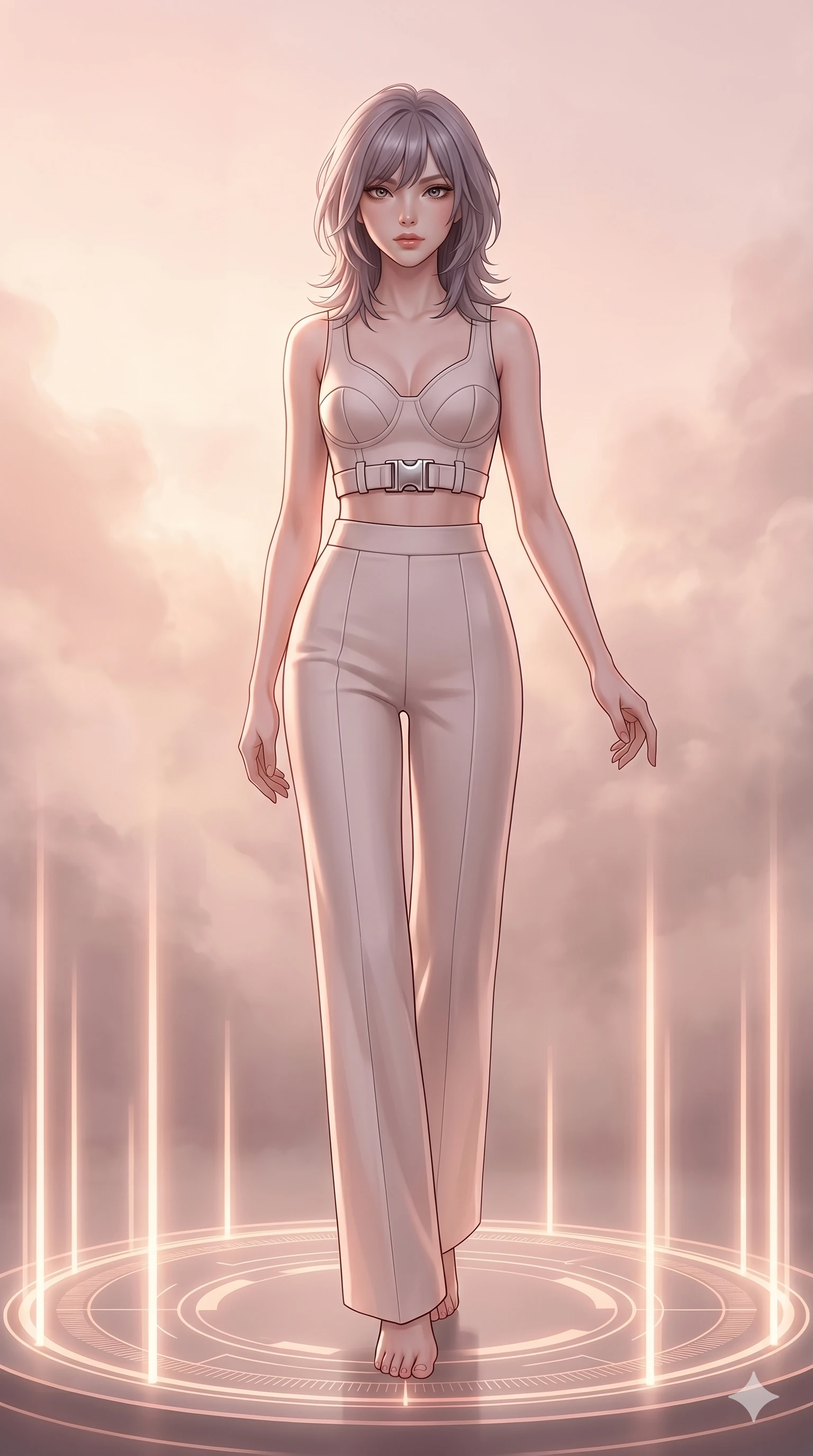 score_9, masterpiece, best quality, ultra-detailed, high-budget anime keyframe, editorial fashion photography, tasteful artistic composition, Japanese woman. low angle full-body shot from head to toe showing her feet, filling the entire 9:16 vertical frame with her statuesque presence, stretching her vertical silhouette. Descending like royalty with one hand trailing behind her at the center of a circular holographic arena where light pillars pulse rhythmically. She has an absolutely perfect 8-heads proportion, an exceptionally tall and slender female figure with impossibly long slender legs and an ultra-slim waist. V-shaped jawline, high-bridge nose, intricate jewel-like eyes with depth, thick eyelashes, glossy lips with a natural sheen. wearing a structured neoprene editorial crop top with molded architectural panels and bold chrome hardware at the waist, paired with precision high-waist neoprene trousers with a clean wide-leg silhouette. bathed in soft rose-gold dawn light filtering through atmospheric volumetric fog that wraps her silhouette. 2k, ultra detail, master piece, 9:16 ratio