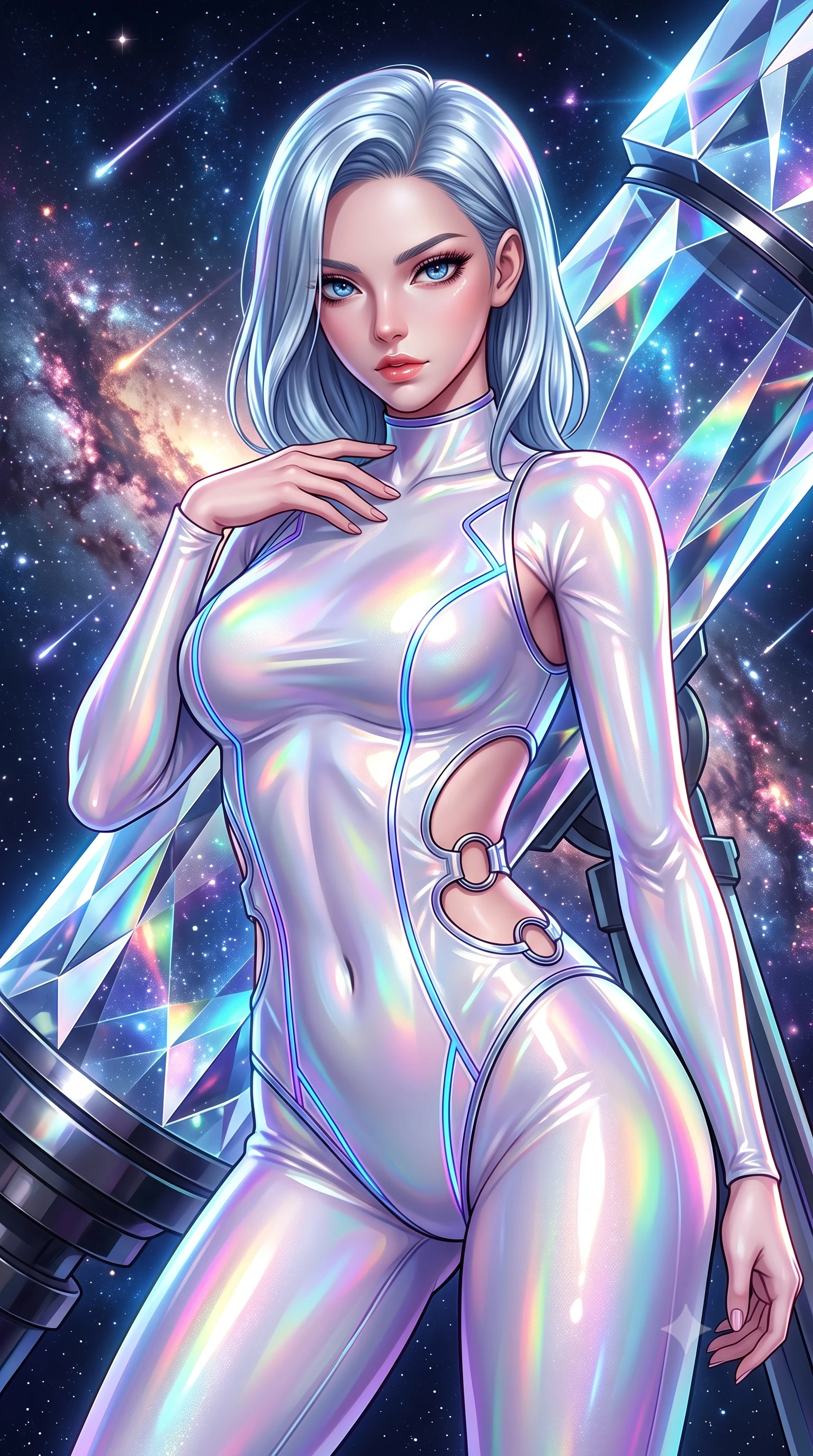 score_9, masterpiece, best quality, ultra-detailed, high-budget anime keyframe, semi-realistic 3D game render, editorial fashion photography, tasteful artistic composition, Korean woman. close-up cowboy shot from the waist and thighs up, the character dominates the composition, filling the frame with her large presence. leaning forward with a dangerous, enticing smolder, resting one hand near her collarbone while casting a fiery, magnetic direct gaze while leaning against a giant diamond prism telescope with an alluring, celestial gaze looking directly into the camera. The surrounding environment is rendered in vivid detail and crisp panoramic clarity. razor-sharp diamond crystal facet edges, glowing galactic arm filaments, and shooting star trails in deep focus. She has an exceptionally elegant, slender, and willowy female figure with an ultra-slim waist, a gracefully sculpted slender torso, toned flat midriff, and a refined slim silhouette. sharp v-shaped jawline, high-bridge nose, intricate jewel-like eyes with depth, thick eyelashes, glossy lips with a natural sheen, flawlessly proportioned anatomical accuracy, strict slender model proportions, natural body alignment, perfectly sculpted long slender limbs, ultra-slim waistline, clean dynamic posture without body distortion. wearing a skin-tight cybernetic bodysuit with glowing neon seams, deep hip cutouts, and an aerodynamic athletic fit in glistening liquid pearl white with rainbow opalescence, formed from high-gloss patent material with specular light reflections, detailed with polished silver rings connecting the daring side-waist cutouts, the sleek second-skin cut tightly hugging her graceful clavicle, narrow waist, and feminine curves with athletic precision. bathed in radiant starlight brilliance and multi-colored nebula ambient illumination. highly saturated vibrant anime colors, detailed shading with soft gradients, rich glossy textures, high-contrast stereoscopic depth, volumetric dynamic lighting, master piece, 9:16 ratio