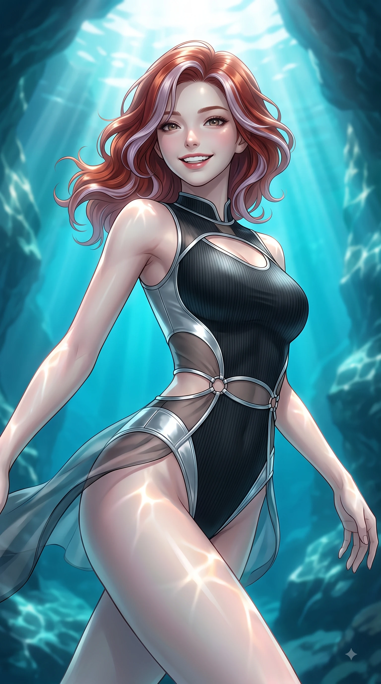 score_9, masterpiece, best quality, ultra-detailed, high-budget anime keyframe, editorial fashion photography, tasteful artistic composition, Caucasian woman. close-up cowboy shot from the waist and thighs up, the character dominates the composition, filling the frame with her large presence, background elements kept in soft focus. Cheerful beaming smile with parted lips, exuding pure enchanting charm while turning dynamically toward the camera while gliding joyfully upward toward sunbeams penetrating a clear turquoise sea cavern, gentle ocean currents swaying her lightweight aquatic attire in fluid joyful motions. She has an exceptionally elegant, slender, and willowy female figure with an ultra-slim waist, a gracefully sculpted slender torso, and a refined silhouette. sharp v-shaped jawline, high-bridge nose, intricate jewel-like eyes with depth, thick eyelashes, glossy lips with a natural sheen, flawlessly proportioned anatomical accuracy, natural body alignment, perfectly sculpted elegant limbs, clean dynamic posture without body distortion. wearing a form-fitting ribbed activewear set with elegant collar cutouts in matte black and polished silver, woven from fine semi-opaque sheer organza, accented with delicate chrome ring hardware framing her waist, the sleek second-skin texture accentuating her magnetic presence. bathed in brilliant underwater sunbeams and luminous turquoise caustic glow. ultra-reflective glossy finish, specular highlights, metallic sheen, high-contrast stereoscopic depth, volumetric dynamic lighting, 2k, ultra detail, master piece, 9:16 ratio