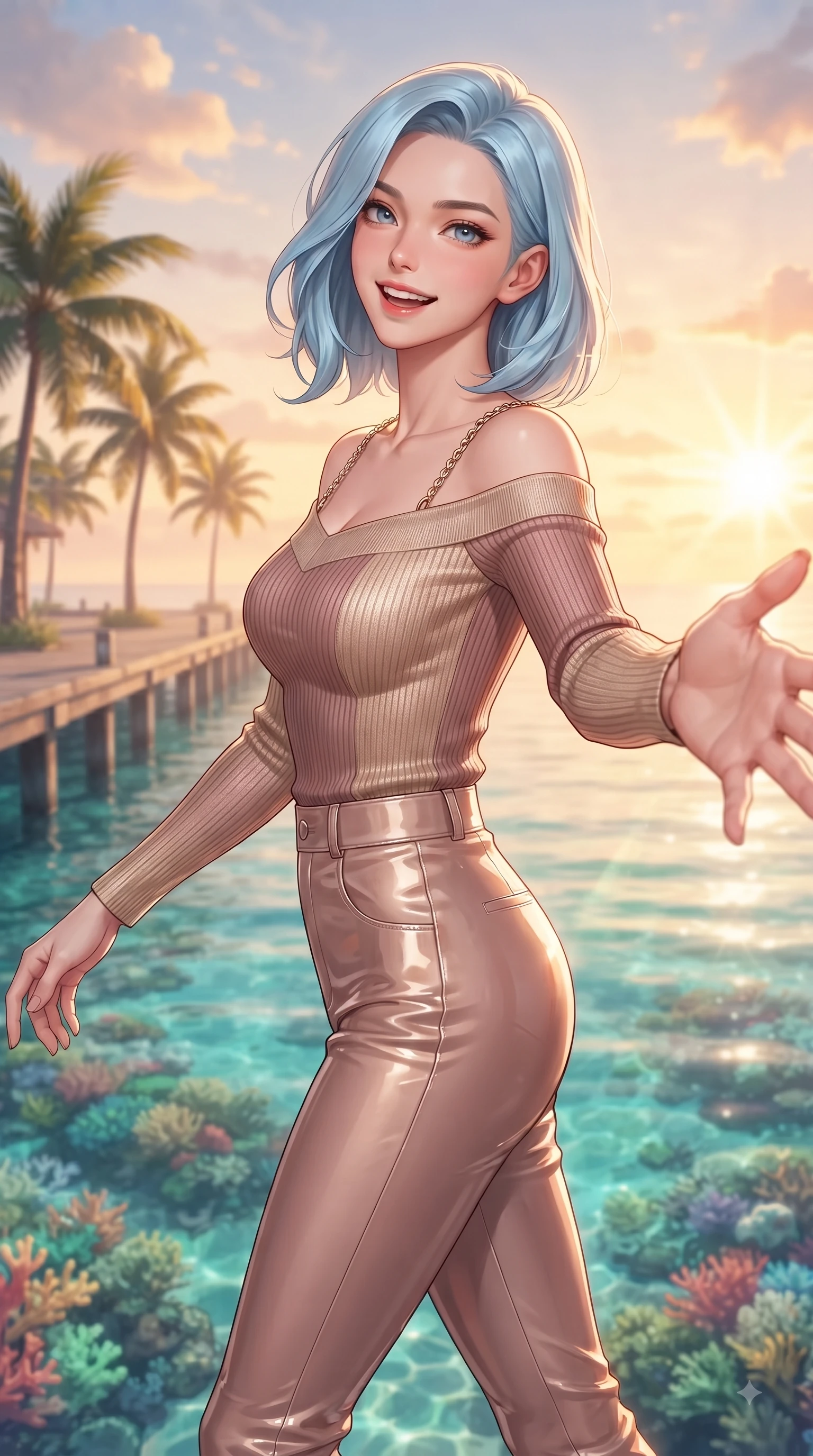 score_9, masterpiece, best quality, ultra-detailed, high-budget anime keyframe, editorial fashion photography, tasteful artistic composition, Korean woman. close-up cowboy shot from the waist and thighs up, the character dominates the composition, filling the frame with her large presence, background elements kept in soft focus. Cheerful beaming smile with parted lips, exuding pure enchanting charm while turning dynamically toward the camera while reaching one arm out cheerfully toward the camera while walking along a palm-shaded pier, crystal-clear turquoise water revealing vibrant coral reefs shimmering beneath bright sunbeams. She has an exceptionally elegant, slender, and willowy female figure with an ultra-slim waist, a gracefully sculpted slender torso, and a refined silhouette. sharp v-shaped jawline, high-bridge nose, intricate jewel-like eyes with depth, thick eyelashes, glossy lips with a natural sheen, flawlessly proportioned anatomical accuracy, natural body alignment, perfectly sculpted elegant limbs, clean dynamic posture without body distortion. wearing a sleek off-shoulder ribbed knit top paired with high-waist tailored pants in dusty rose and champagne gold, tailored from high-gloss patent leather, adorned with delicate metallic chain straps along the neckline, the form-contouring material highlighting her ultra-slim waist and long lines. illuminated by a glorious golden hour sunburst painting the clouds in joyful peach and amber. ultra-reflective glossy finish, specular highlights, metallic sheen, high-contrast stereoscopic depth, volumetric dynamic lighting, 2k, ultra detail, master piece, 9:16 ratio