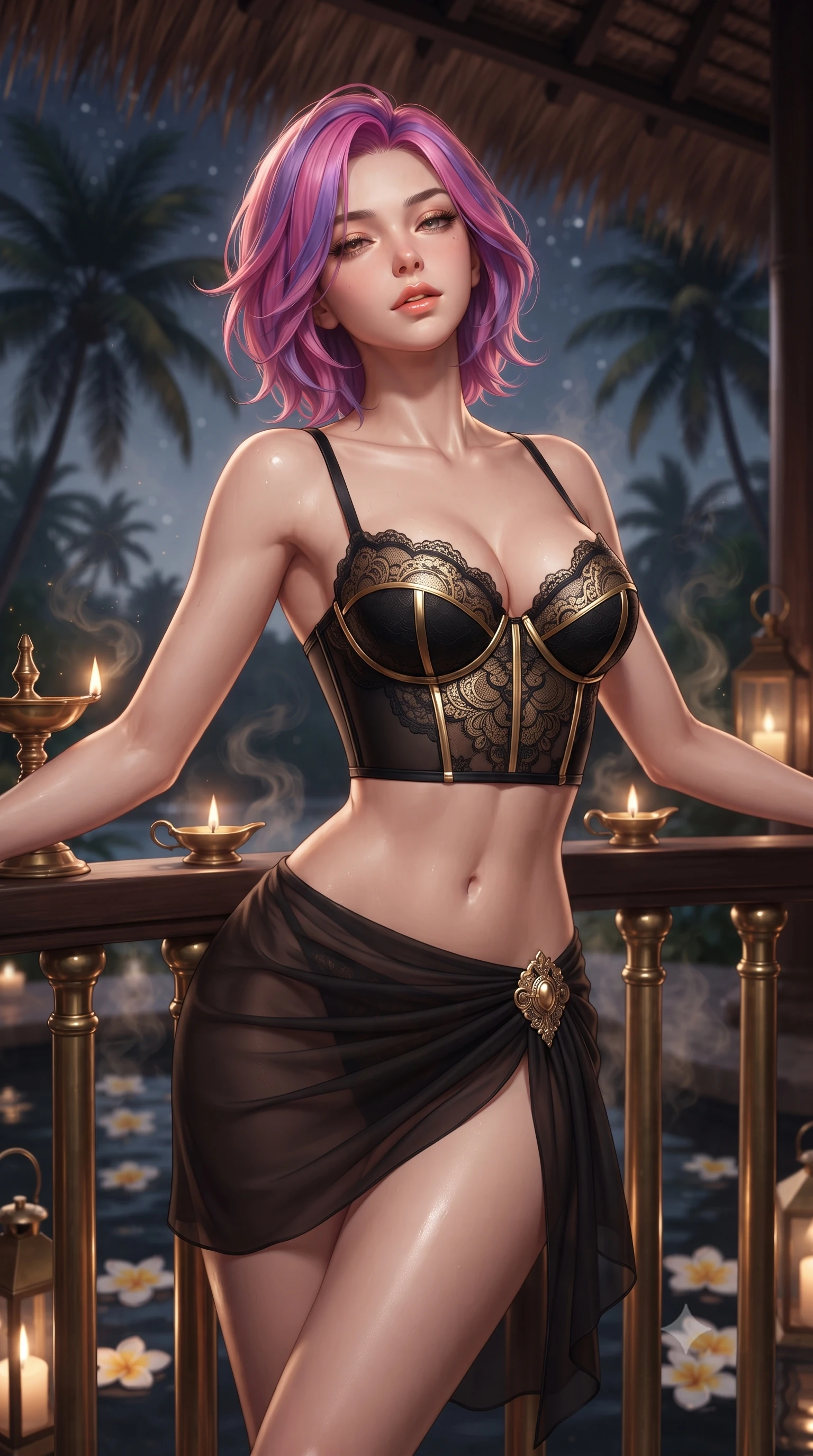 score_9, masterpiece, best quality, ultra-detailed, high-budget anime keyframe, editorial fashion photography, tasteful artistic composition, Caucasian woman. close-up cowboy shot from the waist and thighs up, the character dominates the composition, filling the frame with her large presence. leaning back against the balustrade with relaxed seductive grace, head tilted back slightly while casting a hypnotic, heavy-lidded gaze while twisting her slender torso in an alluring S-curve, rising warm aromatic herbal steam and candle lantern glows tracing her silhouette. The background shows a soft-focus thatched coconut palm leaf roof rafters, floating frangipani flowers on water, and dark palm trees swaying against stars blurred into rose, amber, and charcoal bokeh. She has an exceptionally elegant, slender, and willowy female figure with an ultra-slim waist, flat toned midriff, narrow ribcage, and sculpted feminine hips creating an alluring, slim hourglass silhouette without bulk. sharp v-shaped jawline, high-bridge nose, sparkling eyes with hypnotic seductive depth, thick curled eyelashes, glossy parted lips with a natural dewy peach sheen, alluring bedroom-eyes with an enchanting coquettish smile, exuding magnetic siren charisma and sophisticated glamour, flawlessly proportioned anatomical accuracy, strict slender model proportions, natural body alignment, perfectly sculpted long slender limbs, ultra-slim waistline, clean dynamic posture without body distortion. wearing a delicate French lace underwire bustier paired with a draped sheer chiffon wrap mini skirt and gold hip brooch in Shanghai Art Deco black and polished brass gold, woven from buttery-soft stretch lambskin leather adhering to her body like a second skin, finished with scalloped eyelash lace trim framing her sweetheart neckline with intimate elegance, the form-contouring silhouette accentuating her sculpted flat midriff, narrow delicate ribcage, and gracefully curvy hips with intoxicating allure. bathed in soft warm 2400K concealed cove lighting beneath the tub rim mixed with flickering brass oil lamps. ultra-reflective glossy finish, specular highlights, rich textural contrasts, high-contrast stereoscopic depth, volumetric dynamic lighting, 2k, ultra detail, master piece, 9:16 ratio