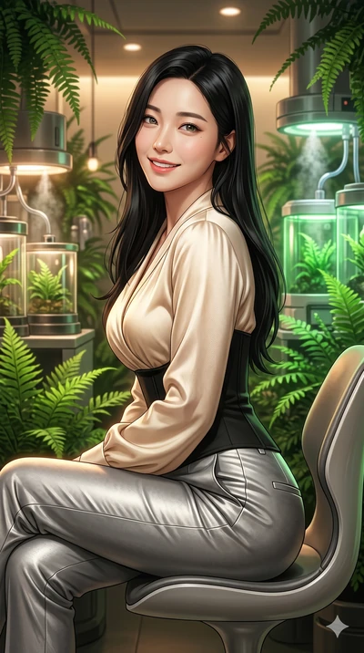 score_9, masterpiece, best quality, ultra-detailed, high-budget anime keyframe, Korean woman. Upper body close-up from the thighs up, character filling the screen for maximum presence. Inside a biotech greenhouse, next to a private seating area, sitt