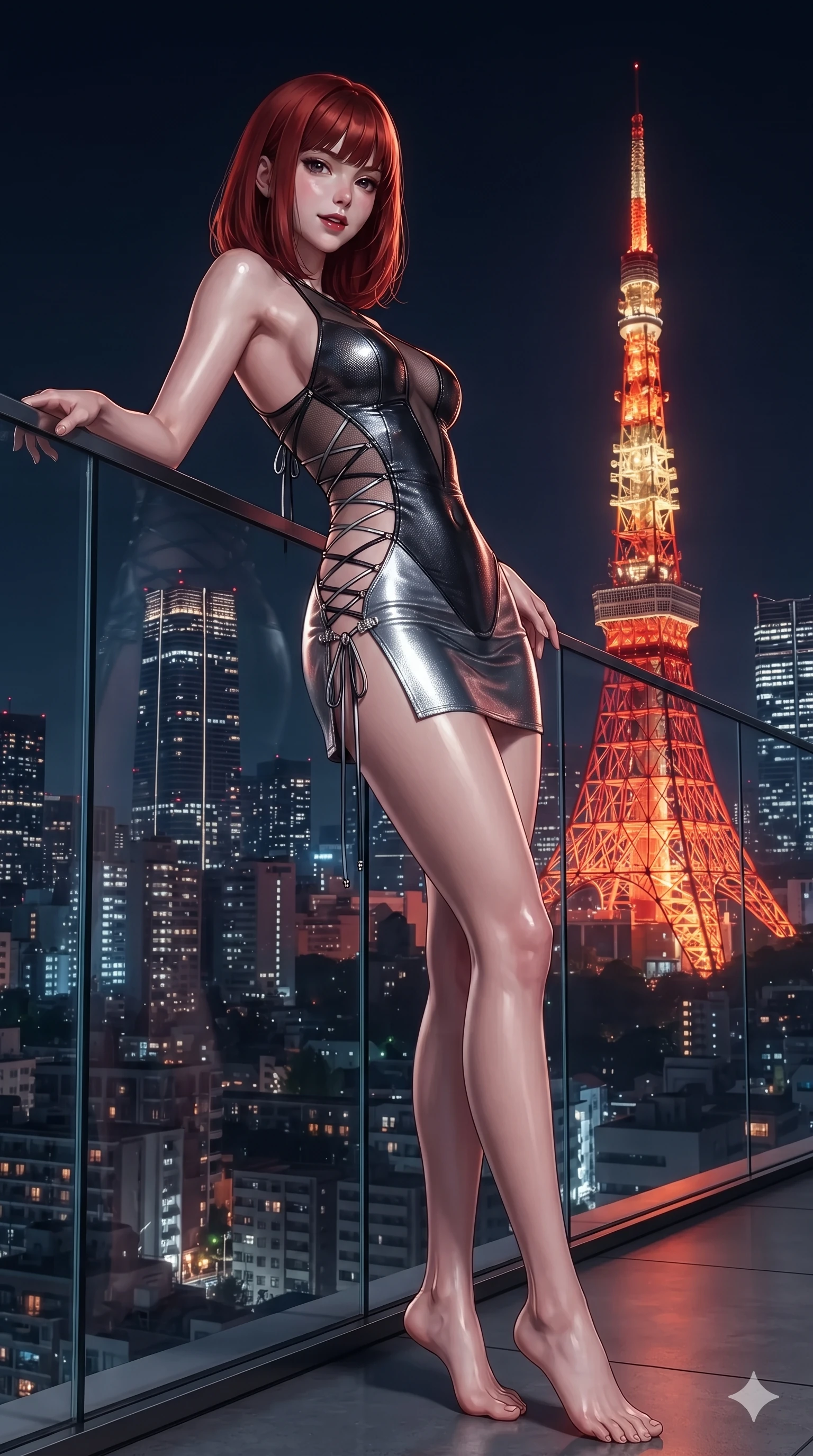 score_9, masterpiece, best quality, ultra-detailed, high-budget anime keyframe, editorial fashion photography, tasteful artistic composition, Caucasian woman. low angle full-body shot from head to toe showing her feet, filling the entire 9:16 vertical frame with her statuesque presence, stretching her vertical silhouette. executing a slow, elegant turn as her liquid gown flutters around her slender legs, glancing over her shoulder with an intoxicating, seductive bedroom-gaze while leaning back against the sleek glass parapet with hips cocked back, casting an intoxicating, sultry bedroom-gaze over a bare shoulder toward the lens. The surrounding environment is rendered in vivid detail and crisp panoramic clarity: detailed asymmetric liquid mercury metallic mini dress tailoring, sheer mesh inserts, and night-sky architecture in razor-sharp precision. She has an exceptionally tall and slender model-like 8.5-heads proportion, an ultra-slim waist, a flat toned midriff, narrow delicate ribcage, and beautifully sculpted feminine hips creating a graceful, slim hourglass silhouette without any bulky heaviness, with impossibly long slender legs. sharp v-shaped jawline, high-bridge nose, intricate jewel-like dark sparkling eyes with dangerous depth, thick curled eyelashes, glossy parted lips with a rich wine sheen, smoldering seductive half-smile with bedroom-eyes, exuding effortless superiority and intoxicating dark allure, flawlessly proportioned anatomical accuracy, strict slender model proportions, natural body alignment, perfectly sculpted long slender limbs, ultra-slim waistline, clean dynamic posture without body distortion. wearing a low-slung cutaway leather bodysuit with bare hip flanks and criss-cross cord ties in metallic liquid silver and pitch black, crafted from stretch micro-mesh with metallic foil coating that shimmers in the city night lights, finished with an ultra-high side slit secured by miniature jeweled clasps, the form-contouring cut accentuating her sculpted flat midriff, narrow delicate ribcage, and gracefully curvy hips with intoxicating allure. bathed in the warm radiant scarlet and orange glow of Tokyo Tower contrasted with deep midnight navy skies. ultra-reflective glossy finish, specular highlights, rich textural contrasts, high-contrast stereoscopic depth, volumetric dynamic lighting, 2k, ultra detail, master piece, 9:16 ratio