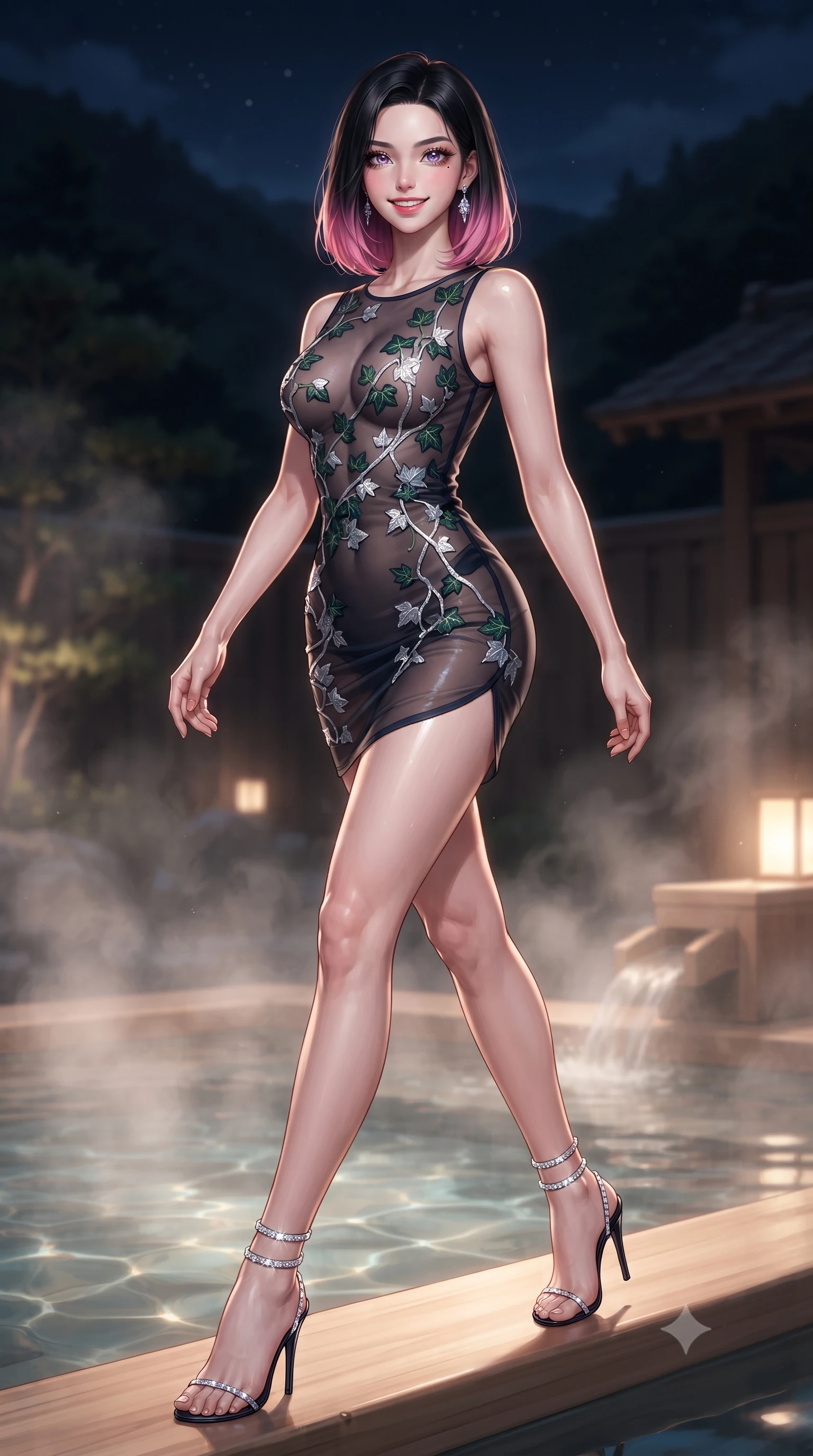 score_9, masterpiece, best quality, ultra-detailed, high-budget anime keyframe, editorial fashion photography, tasteful artistic composition, Korean woman. low angle full-body shot from head to toe showing her feet, filling the entire 9:16 vertical frame with her statuesque presence, stretching her vertical silhouette. stepping forward in a confident stride, her long slender legs and curvaceous hips creating a dynamic, sweeping vertical line while sitting perched gracefully on the warm hinoki bath edge with one knee drawn up, her long slender legs and statuesque hourglass silhouette commanding the nocturnal forest view. The background shows a soft-focus delicate rising thermal bath vapor softened in secluded Kyoto mountain sanctuary shallow focus. She has an exceptionally tall and slender model-like 8.5-heads proportion, an ultra-slim waist, a flat toned midriff, narrow delicate ribcage, and beautifully sculpted feminine hips creating a graceful, slim hourglass silhouette without any bulky heaviness, with impossibly long slender legs. sharp v-shaped jawline, high-bridge nose, intricate jewel-like sparkling eyes with depth, thick eyelashes, glossy parted lips with a natural peach sheen, bright cheerful beaming smile with an enchanting and coquettish sensual glint, exuding both youthful cute charm and seductive allure, flawlessly proportioned anatomical accuracy, strict slender model proportions, natural body alignment, perfectly sculpted long slender limbs, ultra-slim waistline, clean dynamic posture without body distortion. wearing a provocative sheer illusion mesh botanical dress with embroidered climbing ivy ribbons contouring her curves in Manhattan midnight obsidian and electric platinum, crafted from fluid liquid silk satin that clings smoothly to her narrow waist and rounded hips with a dewy sheen, complemented by strappy stiletto sandals with crystal ankle wraps accentuating her slender calves, the second-skin tailored fabric adhering flawlessly to her sculpted flat midriff and slender torso, emphasizing her long leg lines and perfectly proportioned willowy build. illuminated by hot spring water caustics bounce and sharp pearlescent rim lights sculpting her jawline, flat midriff, and curvaceous hips. ultra-reflective glossy finish, specular highlights, rich textural contrasts, high-contrast stereoscopic depth, volumetric dynamic lighting, 2k, ultra detail, master piece, 9:16 ratio