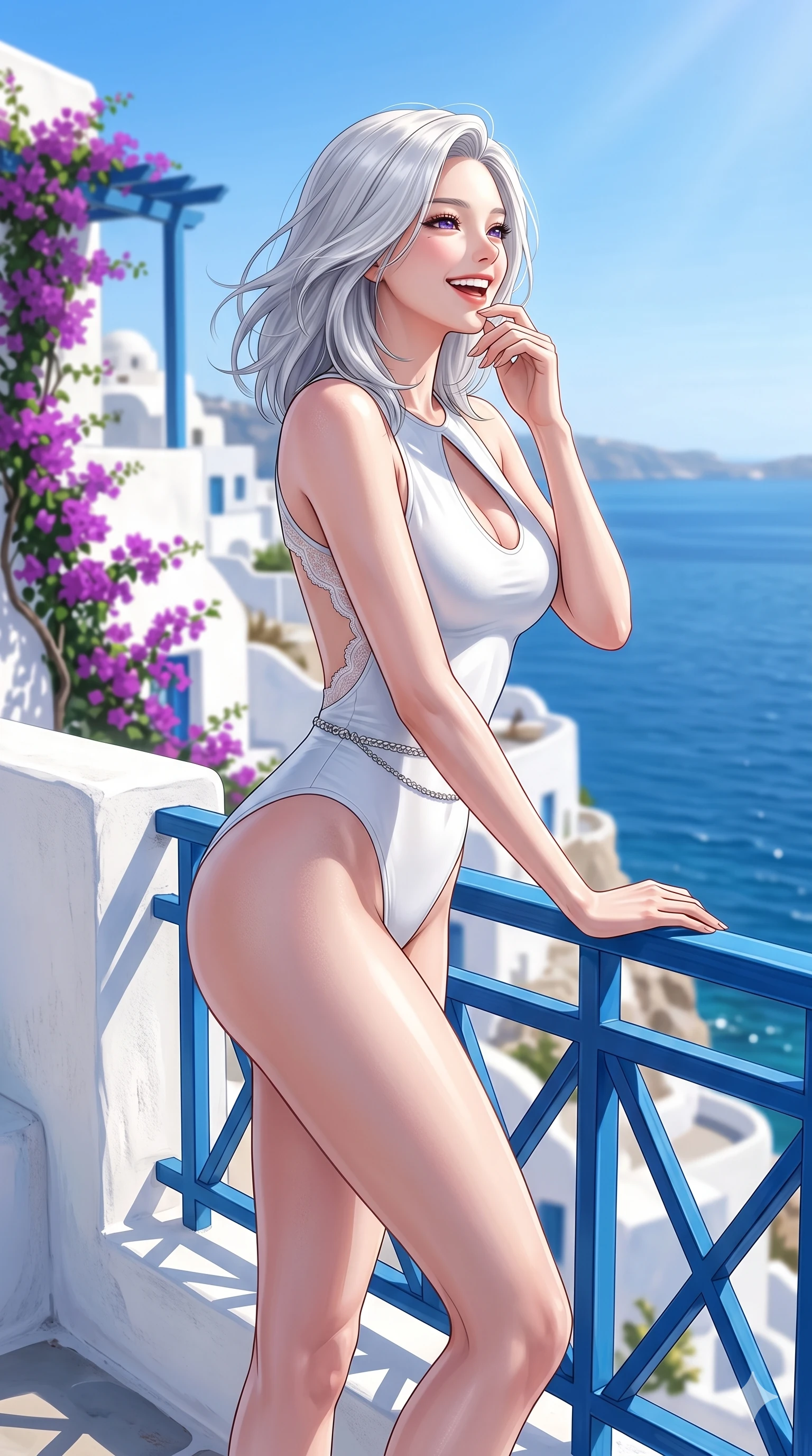 score_9, masterpiece, best quality, ultra-detailed, high-budget anime keyframe, editorial fashion photography, tasteful artistic composition, Korean woman. cowboy shot from the thighs up, character and outfit filling the frame for maximum editorial presence. looking at the sea with a bright, beaming smile, one hand resting on the blue railing on a private balcony of a white-washed cliffside villa in Santorini. She has an absolutely perfect 8-heads proportion, an exceptionally tall and slender female figure with impossibly long slender legs and an ultra-slim waist. V-shaped jawline, high-bridge nose, intricate jewel-like eyes with depth, thick eyelashes, glossy lips with a natural sheen. wearing a form-fitting white bodysuit with an elegant keyhole cutout and an open back. drenched in brilliant, direct midday sunlight that illuminates the white walls and blue sea. 2k, ultra detail, master piece, 9:16 ratio