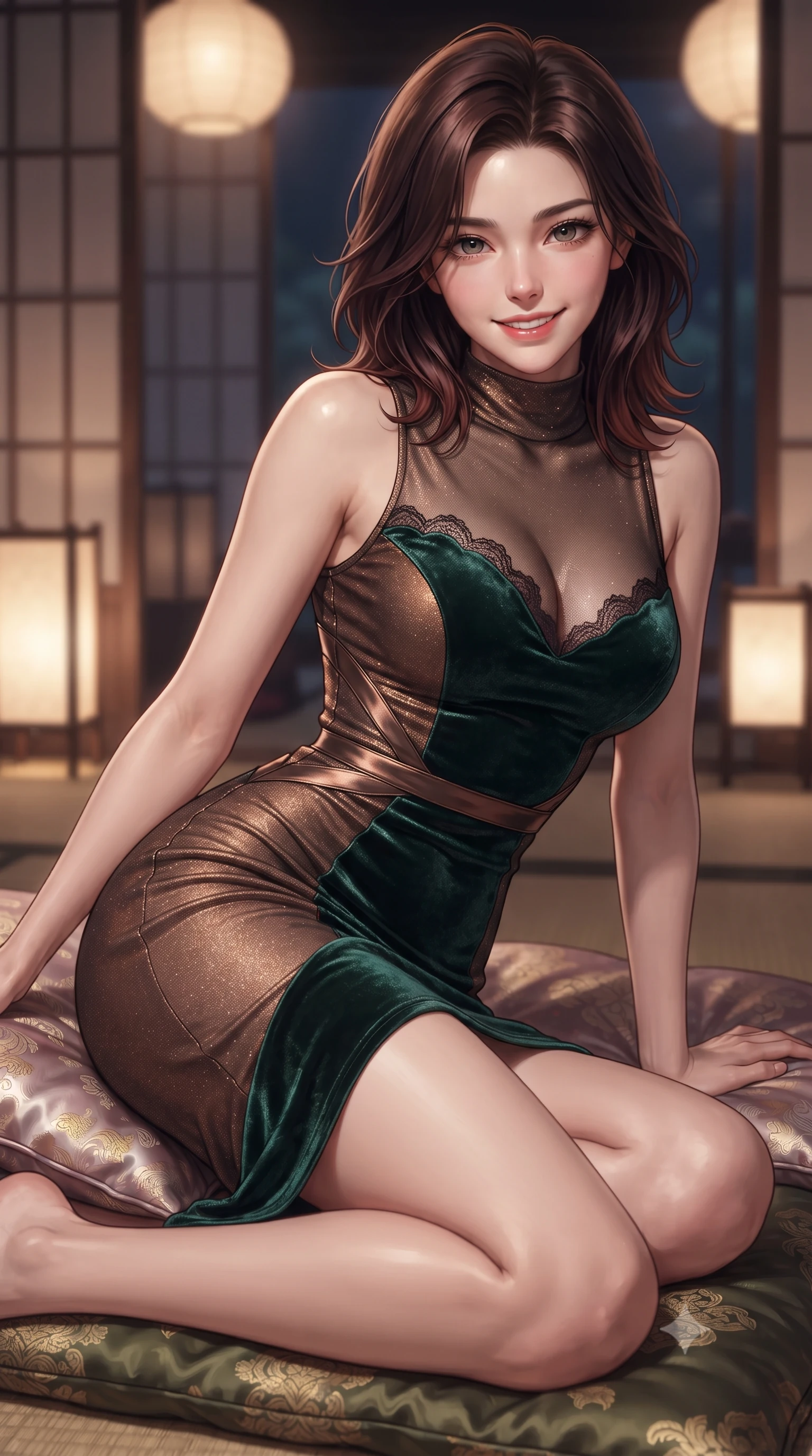 score_9, masterpiece, best quality, ultra-detailed, high-budget anime keyframe, editorial fashion photography, tasteful artistic composition, Korean woman. close-up cowboy shot from the waist and thighs up, the character dominates the composition, filling the frame with her large presence. perched sideways on the lounge seat, one knee drawn up to showcase her slender leg line while her arched back accentuates her feminine hip curve while lounging sideways on the plush silk futon cushions propped on one elbow, casting an intoxicating, parted-lip smile toward the lens. The background shows a soft-focus sheer silk sliding shoji panels softened in intimate Gion midnight tea master sanctuary shallow focus. She has an exceptionally elegant, slender, and willowy female figure with an ultra-slim waist, flat toned midriff, narrow ribcage, and sculpted feminine hips creating an alluring, slim hourglass silhouette without bulk. sharp v-shaped jawline, high-bridge nose, intricate jewel-like sparkling eyes with depth, thick eyelashes, glossy parted lips with a natural peach sheen, bright cheerful beaming smile with an enchanting and coquettish sensual glint, exuding both youthful cute charm and seductive allure, flawlessly proportioned anatomical accuracy, strict slender model proportions, natural body alignment, perfectly sculpted long slender limbs, ultra-slim waistline, clean dynamic posture without body distortion. wearing a provocative high-neck sheer illusion cocktail dress with liquid satin ribbons contouring her curves in deep emerald velvet and shimmering bronze, woven from stretch metallic lurex jersey casting radiant starlight glints across her curves, finished with scalloped eyelash lace trim framing her sweetheart neckline with intimate elegance, the liquid-tight tailored fabric clinging flawlessly to her narrow waist and rounded feminine hips, emphasizing every millimeter of her sculpted slim hourglass curves without any bulky heaviness. bathed in the soft, intimate 2200K ambient illumination of traditional washi paper lanterns and floor-standing andon lights. ultra-reflective glossy finish, specular highlights, rich textural contrasts, high-contrast stereoscopic depth, volumetric dynamic lighting, 2k, ultra detail, master piece, 9:16 ratio
