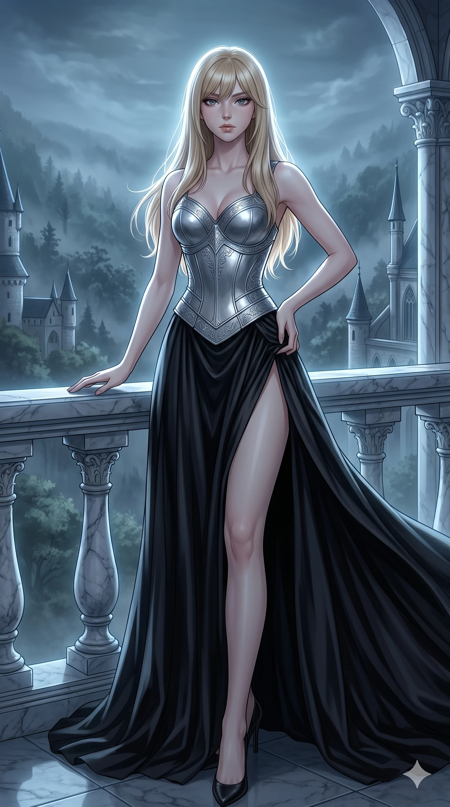score_9, masterpiece, best quality, ultra-detailed, high-budget anime keyframe, editorial fashion photography, tasteful artistic composition, Japanese woman. cowboy shot from the thighs up, character and outfit filling the frame for maximum editorial presence. holding a powerful pose, looking past the camera with an air of effortless superiority standing on a marble balcony of a castle overlooking a misty valley (Code-P16-049). She has an absolutely perfect 8-heads proportion, an exceptionally tall and slender female figure with impossibly long slender legs and an ultra-slim waist. V-shaped jawline, high-bridge nose, intricate jewel-like eyes with depth, thick eyelashes, glossy lips with a natural sheen. wearing a structured silver armor corset over a flowing black silk gown with a high side slit. cool silver moonlight filtered through the mist, creating a dramatic, ethereal rim light. 2k, ultra detail, master piece, 9:16 ratio