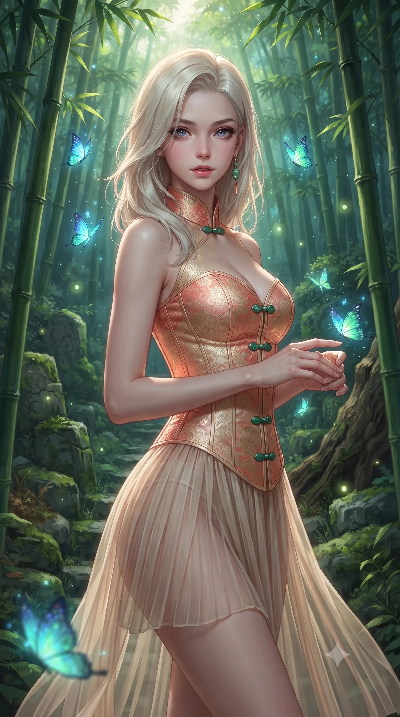 score_9, masterpiece, best quality, ultra-detailed, high-budget anime keyframe, editorial fashion photography, tasteful artistic composition, Caucasian woman. close-up cowboy shot from the waist and thighs up, the character dominates the composition, filling the frame with her large presence. holding her hands loosely in front with regal, aristocratic poise, radiating an overwhelming high-society aura while pivoting gracefully around towering green bamboo stalks as ethereal glowing butterflies dance around her fingertips. The surrounding environment is rendered in vivid detail and crisp panoramic clarity. deep mystical forest chiaroscuro and sacred woodland spirit sanctuary aesthetics rendered in precision. She has an exceptionally elegant, slender, and willowy female figure with an ultra-slim waist, a gracefully sculpted slender torso, toned flat midriff, and a refined slim silhouette. sharp v-shaped jawline, high-bridge nose, intricate jewel-like eyes with depth, thick eyelashes, glossy lips with a natural sheen, captivating and magnetic expression, flawlessly proportioned anatomical accuracy, strict slender model proportions, natural body alignment, perfectly sculpted long slender limbs, ultra-slim waistline, clean dynamic posture without body distortion. wearing a sacred shrine maiden couture robe with sheer pleated chiffon skirt and structured scarlet corset top in sunrise coral and champagne gold, made of rich textured jacquard silk with dragon scale weave, finished with genuine jade button closures and floating celestial silk ribbons, the sleek tailored cut tightly hugging her graceful clavicle, narrow waist, and feminine curves with statuesque precision. surrounded by an enchanting, mysterious, and captivating oriental spirit sorceress aura. ultra-reflective glossy finish, specular highlights, rich textural contrasts, high-contrast stereoscopic depth, volumetric dynamic lighting, 2k, ultra detail, master piece, 9:16 ratio