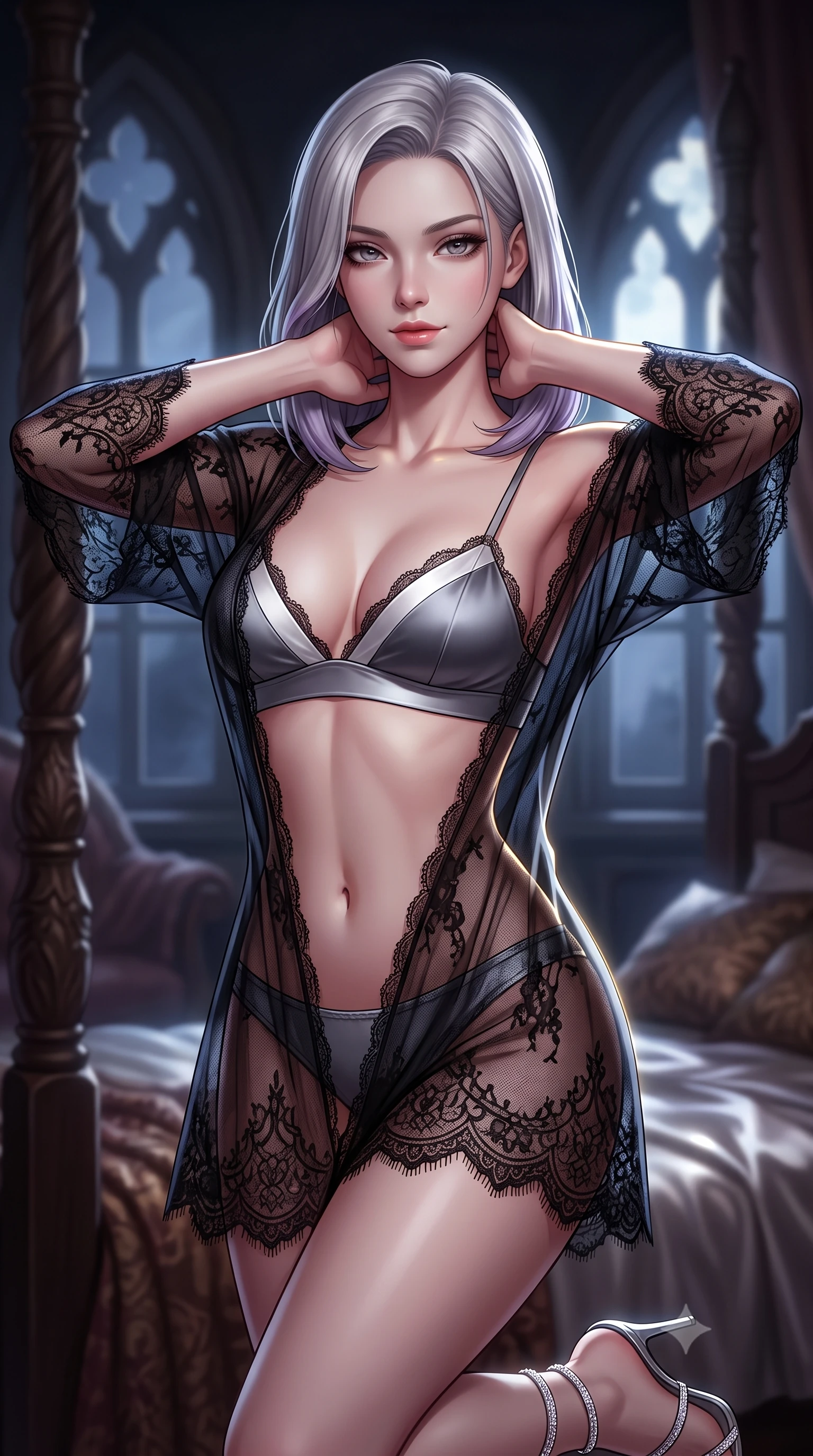 score_9, masterpiece, best quality, ultra-detailed, high-budget anime keyframe, semi-realistic 3D game render, editorial fashion photography, tasteful artistic composition, Caucasian woman. close-up cowboy shot from the waist and thighs up, the character dominates the composition, filling the frame with her large presence. resting both hands lightly behind her neck with elbows raised, arching her spine to highlight her narrow waist, flat midriff, and breathtaking collarbones while twisting her slender torso in an alluring S-curve while adjusting a sheer robe, silver moonlight pouring through pointed-arch windows. The background shows a soft-focus carved four-poster bed posts softened in dark romantic shallow focus. She has an exceptionally elegant, slender, and willowy female figure with an ultra-slim waist, flat toned midriff, narrow ribcage, and sculpted feminine hips creating an alluring, slim hourglass silhouette without bulk. sharp v-shaped jawline, high-bridge nose, sparkling eyes with hypnotic seductive depth, thick curled eyelashes, glossy parted lips with a natural dewy peach sheen, alluring bedroom-eyes with an enchanting coquettish smile, exuding magnetic siren charisma and sophisticated glamour, flawlessly proportioned anatomical accuracy, strict slender model proportions, natural body alignment, perfectly sculpted long slender limbs, ultra-slim waistline, clean dynamic posture without body distortion. wearing a delicate semi-sheer black Chantilly lace boudoir robe worn loose and slipping off bare shoulders over a matching satin bralette in architectural titanium grey and pure milk white, made of delicate semi-sheer French Chantilly lace with intricate eyelash edges, complemented by strappy stiletto sandals with crystal ankle wraps accentuating her slender calves, the liquid-tight tailored fabric clinging flawlessly to her narrow waist and rounded feminine hips, emphasizing every millimeter of her sculpted slim hourglass curves without any bulky heaviness. illuminated by silk bedding reflection fill and sharp platinum-gold rim lights defining her collarbones, narrow waist, and curvy hips. highly saturated vibrant anime colors, detailed shading with soft gradients, rich glossy textures, high-contrast stereoscopic depth, volumetric dynamic lighting, master piece, 9:16 ratio