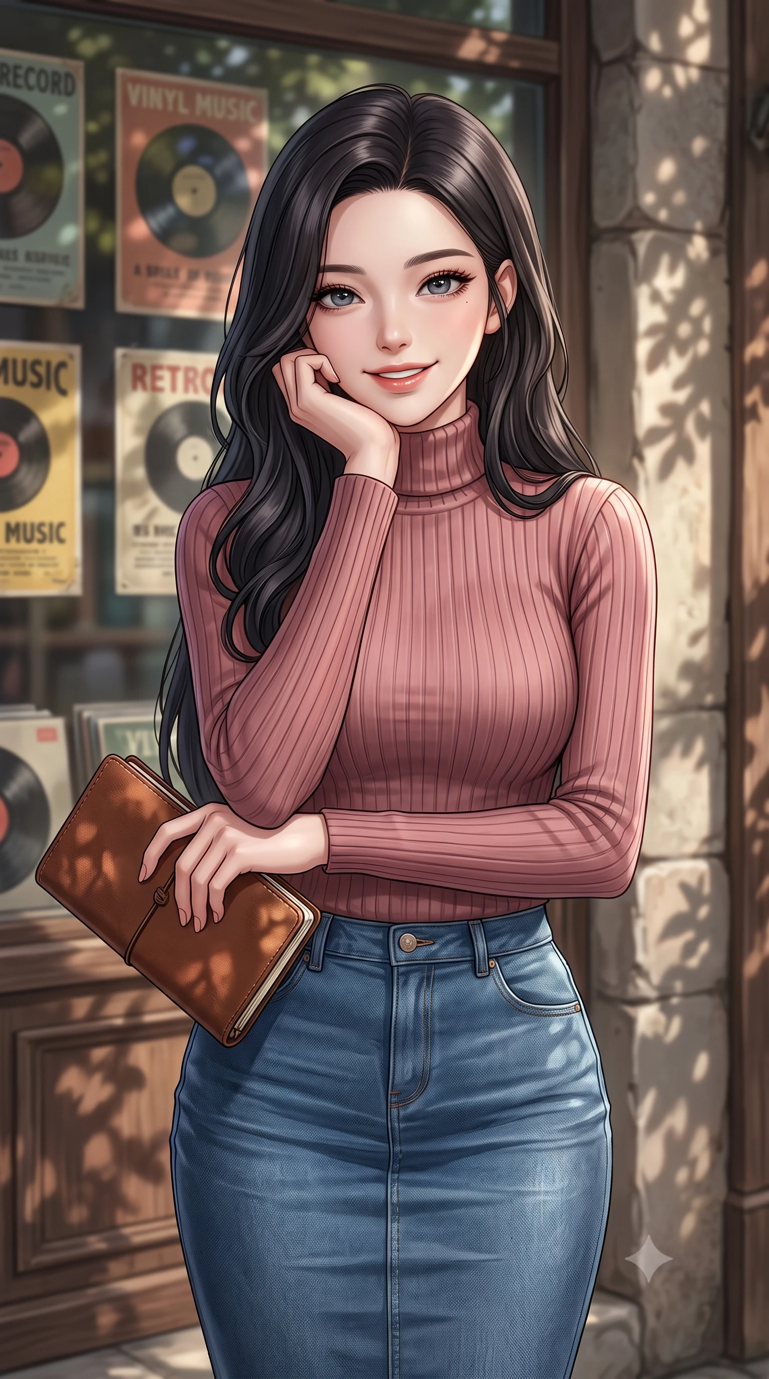 score_9, masterpiece, best quality, ultra-detailed, high-budget anime keyframe, editorial fashion photography, tasteful artistic composition, Korean woman. close-up cowboy shot from the waist and thighs up, the character dominates the composition, filling the frame with her large presence, background elements kept in soft focus. smiling cutely while resting her chin on her hand, looking directly into the lens set against a soft-focus background of in front of a vintage vinyl record shop with retro music posters in the window holding a classic leather notebook bought from the stationery shop. She has an exceptionally elegant, slender, and willowy female figure with an ultra-slim waist, a gracefully sculpted slender torso, and a refined silhouette. sharp v-shaped jawline, high-bridge nose, intricate jewel-like eyes with depth, thick eyelashes, glossy lips with a natural sheen. wearing slim-fit form-fitting ribbed knit turtleneck in dusty rose, tucked into a slim denim pencil skirt. dappled sunlight casting soft leaf shadows on the shop walls and her skin. highly saturated vibrant anime colors, detailed shading with soft gradients, rich glossy textures, high-contrast stereoscopic depth, volumetric dynamic lighting, master piece, 9:16 ratio