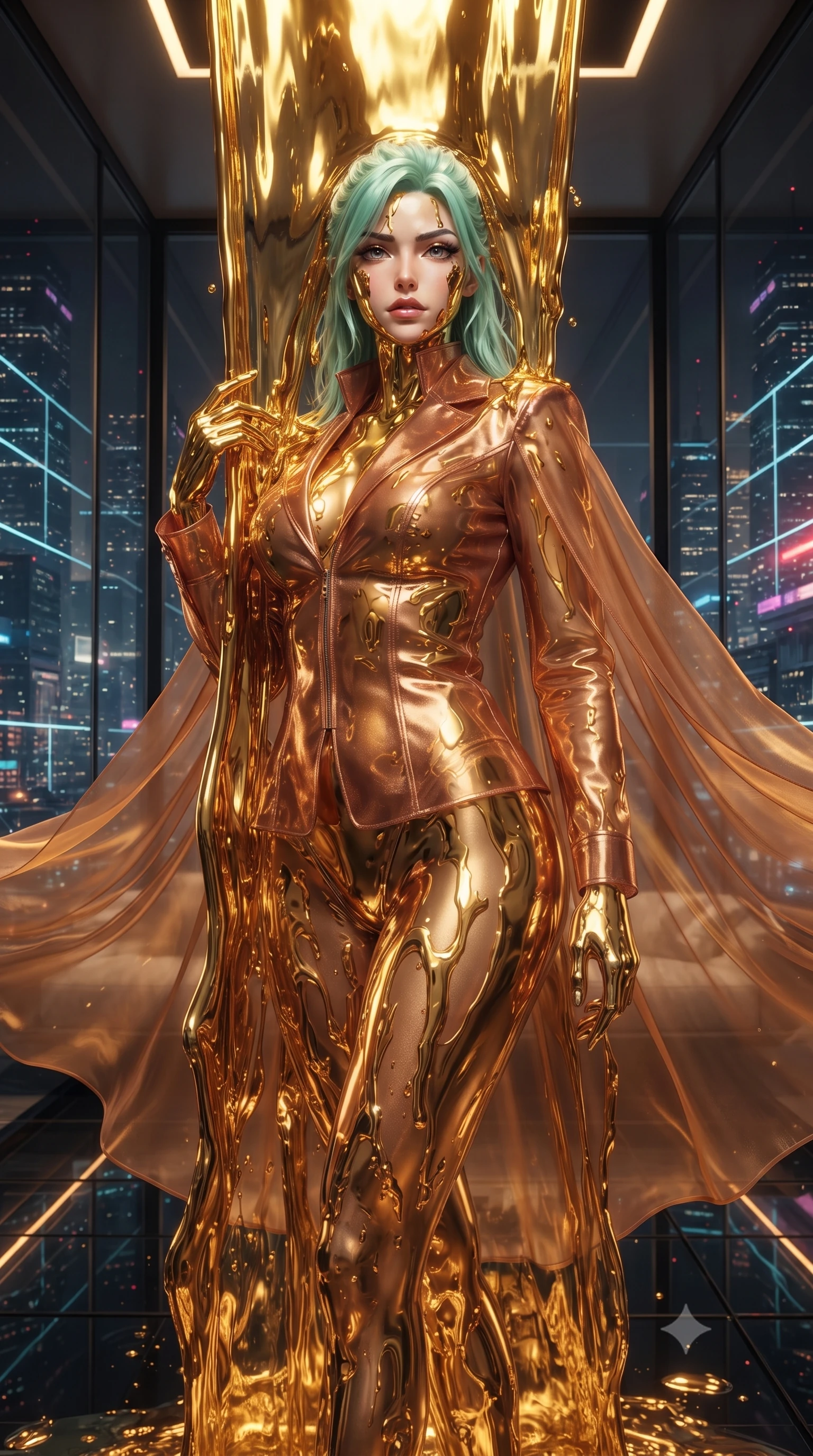 score_9, masterpiece, best quality, ultra-detailed, High-budget Anime Keyframe, editorial fashion photography, tasteful artistic composition, realistic cosplay photography, East Asian woman. Low angle cowboy shot filling the entire 9:16 frame with her statuesque presence. Scenario 494: standing under a waterfall of liquid gold, the fluid coating her form, in a luxury penthouse with floor-to-ceiling glass walls overlooking a neon grid. Her presence is magnetic and overpowering in this high-budget cinematic scene. Outfit 494: a body-hugging metallic copper sheer organza jacket draped with a semi-transparent chiffon cape. The clothing is designed to emphasize her exceptionally tall and slender 8-heads proportion. 8-heads proportion, towering silhouette, ultra-slim waist. sharp v-shaped jawline, intricate jewel-like eyes with depth, thick eyelashes, glossy lips. ultra-reflective glossy finish, specular highlights, metallic sheen, high-contrast stereoscopic depth, volumetric dynamic lighting, 2k, ultra detail, master piece, 9:16 ratio