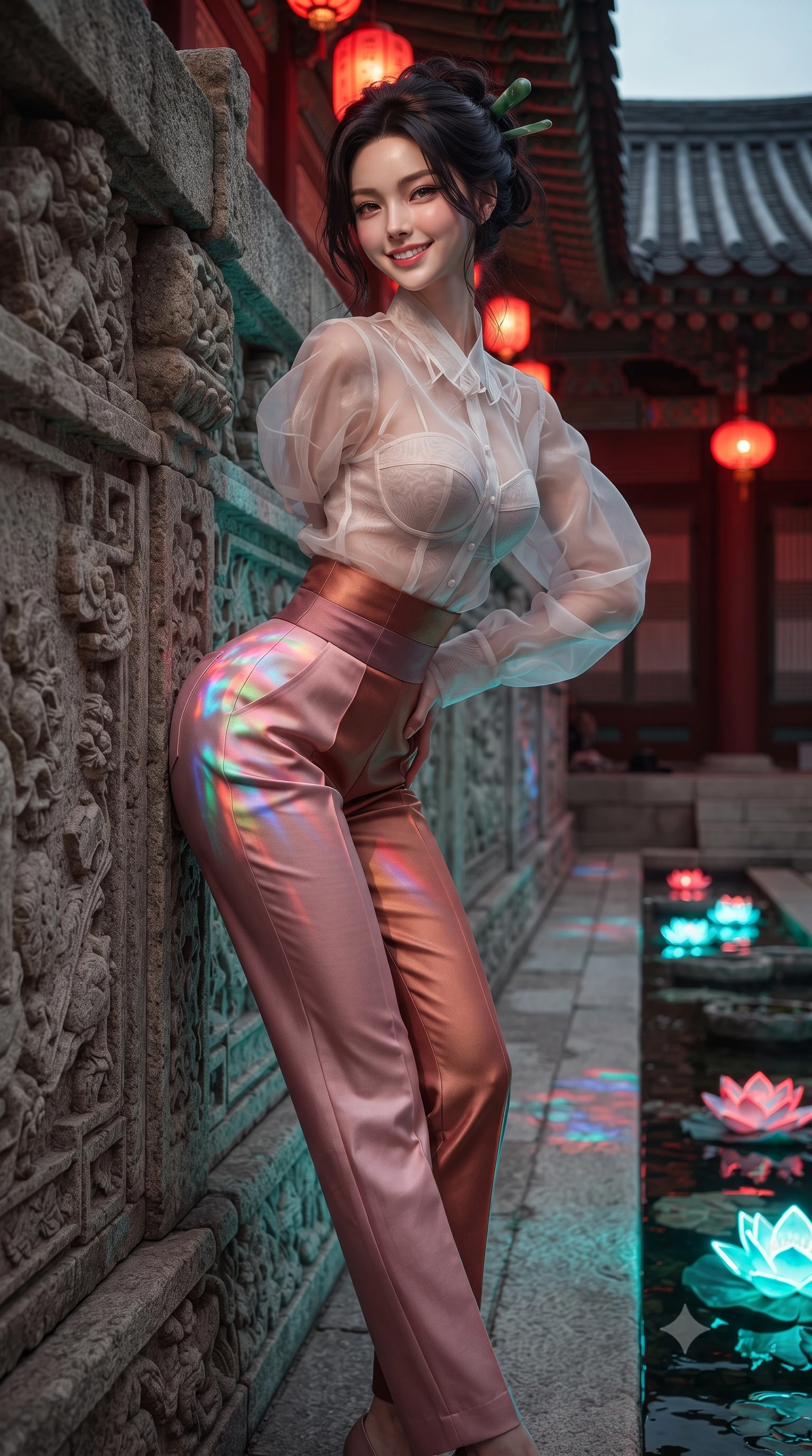 score_9, masterpiece, best quality, ultra-detailed, high-budget anime keyframe, editorial fashion photography, tasteful artistic composition, Korean woman. low angle full-body shot from head to toe showing her feet, filling the entire 9:16 vertical frame with her statuesque presence, stretching her vertical silhouette. leaning deep against the ancient temple wall with hips cocked back in an unapologetically alluring high-fashion stance, flashing a warm beaming smile while twisting her slender torso in an alluring S-curve, glowing neon water lilies and traditional lanterns casting colorful reflections across her hips. The surrounding environment is rendered in vivid detail and crisp panoramic clarity: sharp carved stone balustrade relief, upturned roof ceramic tile edges, and water ripple clarity in deep focus. She has an absolutely perfect, statuesque 8.5-heads proportion, an exceptionally tall and slender model-like female figure with impossibly long slender legs, an ultra-slim waist, a flat toned midriff, narrow delicate ribcage, and beautifully sculpted feminine hips creating a graceful, slim hourglass silhouette without any bulky heaviness. sharp v-shaped jawline, high-bridge nose, intricate jewel-like dark sparkling almond eyes with depth, thick lashes, glossy parted lips with a natural rose-plum sheen, bright alluring and coquettish smile with bedroom-eyes, exuding both timeless oriental elegance and sovereign high-fashion allure, flawlessly proportioned anatomical accuracy, strict slender model proportions, natural body alignment, perfectly sculpted long slender limbs, ultra-slim waistline, clean dynamic posture without body distortion. wearing a sheer technical mesh and silk hanbok blouse worn over a sculpted sweetheart bustier with high-waisted tailored silk trousers in dusty rose pink and burnished copper, tailored from sheer gossamer silk organza with an airy weightless flutter, featuring a modern sculptural jade hair pin securing her loose silky updo, the high-waisted wrap tailoring accentuating her ultra-slim waistline and the enchanting curve of her feminine hips with alluring oriental charm. bathed in vibrant red lantern warmth and cool electric cyan water reflections. ultra-reflective glossy finish, specular highlights, rich textural contrasts, high-contrast stereoscopic depth, volumetric dynamic lighting, 2k, ultra detail, master piece, 9:16 ratio