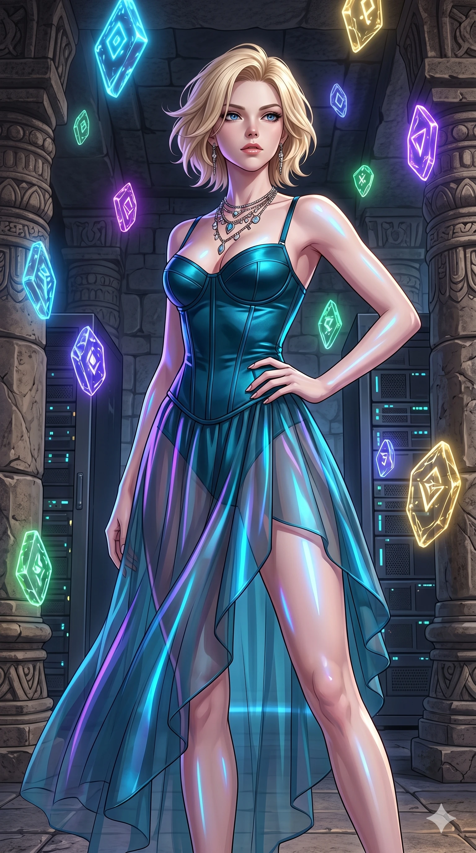 score_9, masterpiece, best quality, ultra-detailed, high-budget anime keyframe, editorial fashion photography, tasteful artistic composition, Caucasian woman, strictly human ears. cowboy shot from the thighs up, character and outfit filling the frame for maximum editorial presence. holding a powerful pose, looking past the camera with quiet superiority inside an ancient stone temple filled with floating glowing runestones (Code-P18-136). She has an absolutely perfect 8-heads proportion, an exceptionally tall and slender female figure with impossibly long slender legs and an ultra-slim waist. V-shaped jawline, high-bridge nose, intricate jewel-like eyes with depth, thick eyelashes, glossy lips with a natural sheen. wearing a structured satin corset combined with a transparent chiffon wrap skirt. neon blue and violet light from the servers casting sharp specular highlights on her outfit. 2k, ultra detail, master piece, 9:16 ratio