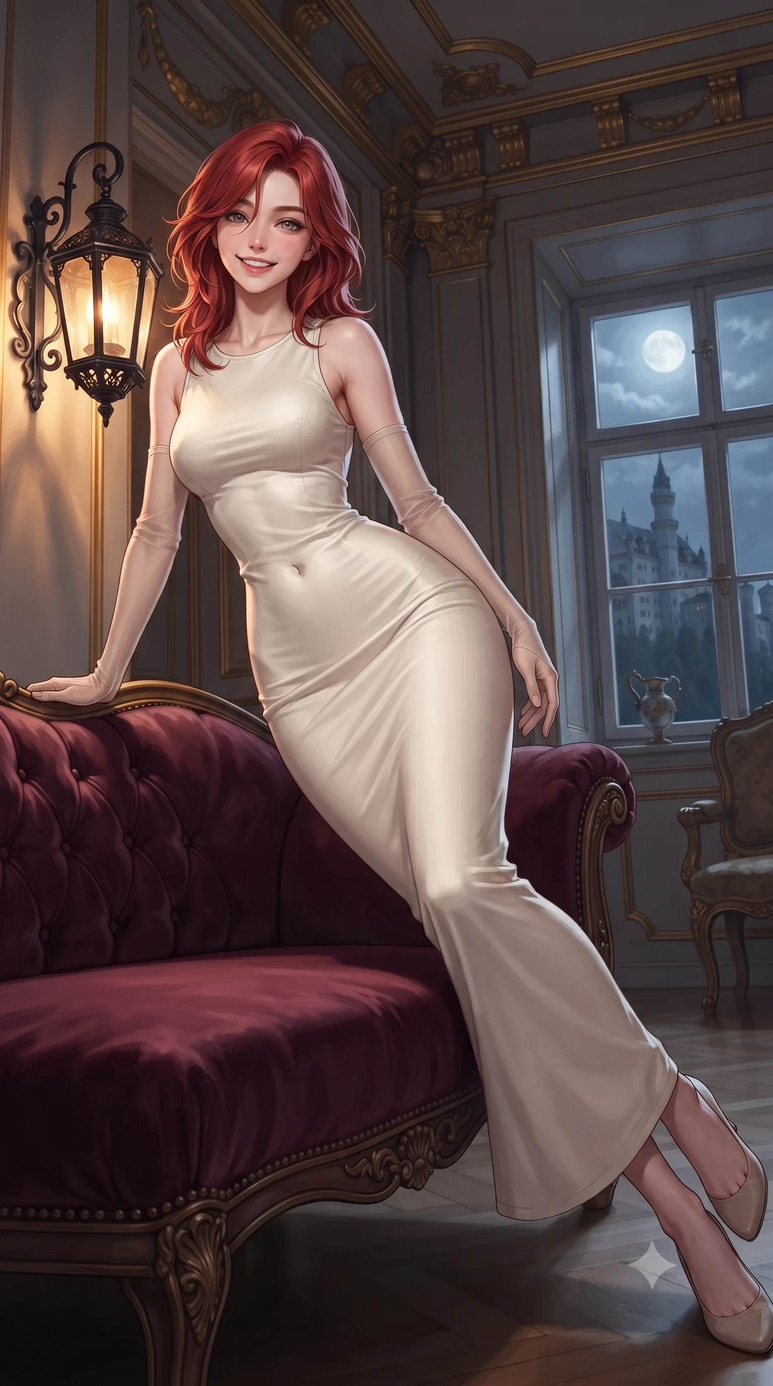 score_9, masterpiece, best quality, ultra-detailed, high-budget anime keyframe, editorial fashion photography, tasteful artistic composition, Korean woman. low angle full-body shot from head to toe showing her feet, filling the entire 9:16 vertical frame with her statuesque presence, stretching her vertical silhouette. reclining gracefully across the plush chaise lounge with one leg extended, her sculpted silhouette and flat midriff radiating magnetic nocturnal glamour while twisting her slender torso in an alluring contrapposto stance beside the wrought-iron lantern sconce, warm amber light caressing her narrow waist and curvy hips. The surrounding environment is rendered in vivid detail and crisp panoramic clarity: detailed garment texture, delicate trims, and historic royal Bavarian architecture in high resolution. She has an exceptionally tall and slender model-like 8.5-heads proportion, an ultra-slim waist, a flat toned midriff, narrow delicate ribcage, and beautifully sculpted feminine hips creating a graceful, slim hourglass silhouette without any bulky heaviness, with impossibly long slender legs. sharp v-shaped jawline, high-bridge nose, intricate jewel-like sparkling eyes with depth, thick eyelashes, glossy parted lips with a natural peach sheen, bright cheerful beaming smile with an enchanting and coquettish sensual glint, exuding both youthful cute charm and seductive allure, flawlessly proportioned anatomical accuracy, strict slender model proportions, natural body alignment, perfectly sculpted long slender limbs, ultra-slim waistline, clean dynamic posture without body distortion. wearing a glove-like stretch modal tank dress adhering tightly to her flat midriff and feminine hips in Belvedere ivory pearl and Habsburg bordeaux wine, made of fluid liquid jersey with seamless sculpting hold and smooth contours, complemented by sheer opera-length evening gloves tracing her slender arms, the second-skin tailored fabric adhering flawlessly to her sculpted flat midriff and slender torso, emphasizing her long leg lines and perfectly proportioned willowy build. bathed in the romantic amber 2400K iron lantern glow mixed with silver alpine moonlight and mist. ultra-reflective glossy finish, specular highlights, rich textural contrasts, high-contrast stereoscopic depth, volumetric dynamic lighting, 2k, ultra detail, master piece, 9:16 ratio
