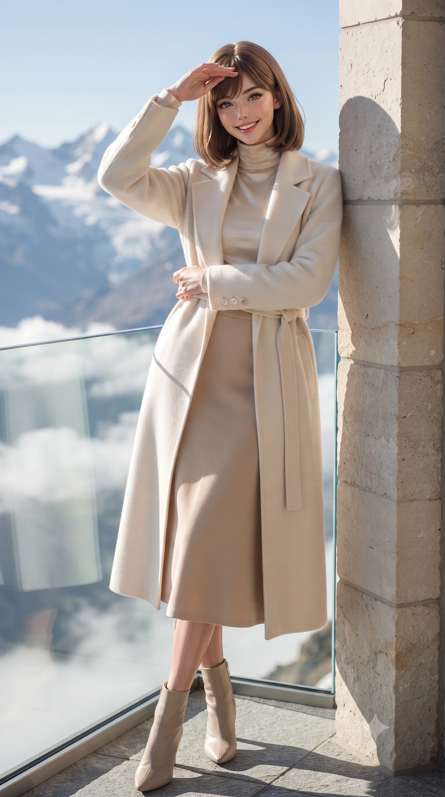 score_9, masterpiece, best quality, ultra-detailed, high-budget anime keyframe, editorial fashion photography, tasteful artistic composition, Caucasian woman. low angle full-body shot from head to toe showing her feet, filling the entire 9:16 vertical frame with her statuesque presence, stretching her vertical silhouette. leaning lightly against the sunlit architectural column with arms crossed loosely, flashing a warm, confident smile while leaning against the clear glass infinity balustrade with one hand raised to shade her eyes from the sparkling snow glare, exuding athletic chic. The background shows a soft-focus endless jagged peaks of the Bernina mountain range, swirling cloud inversions in the valley below, and dazzling sunlit glaciers blurred into sapphire, stark white, and platinum bokeh. She has an exceptionally tall and slender model-like 8.5-heads proportion, an ultra-slim waist, a flat toned midriff, narrow delicate ribcage, and beautifully sculpted feminine hips creating a graceful, slim hourglass silhouette without any bulky heaviness, with impossibly long slender legs. sharp v-shaped jawline, high-bridge nose, intricate jewel-like sparkling eyes with depth, thick eyelashes, glossy parted lips with a natural peach sheen, bright cheerful beaming smile with an enchanting and coquettish sensual glint, exuding both youthful cute charm and seductive allure, flawlessly proportioned anatomical accuracy, strict slender model proportions, natural body alignment, perfectly sculpted long slender limbs, ultra-slim waistline, clean dynamic posture without body distortion. wearing a luxurious longline cashmere cardigan coat with a belted waist worn over an ivory turtleneck and wool midi skirt in soft champagne ivory and warm biscuit beige, crafted from fluid mulberry silk twill with an understated lustrous pearl finish, finished with fine mother-of-pearl cuff buttons catching the soft ambient light, the streamlined silhouette following her natural slender proportions with sophisticated poise, enhancing her tall willowy presence. illuminated by crisp platinum rim lights and soft fire pit warmth sculpting her cheekbones, narrow waist, and athletic statuesque build. ultra-reflective glossy finish, specular highlights, rich textural contrasts, high-contrast stereoscopic depth, volumetric dynamic lighting, 2k, ultra detail, master piece, 9:16 ratio