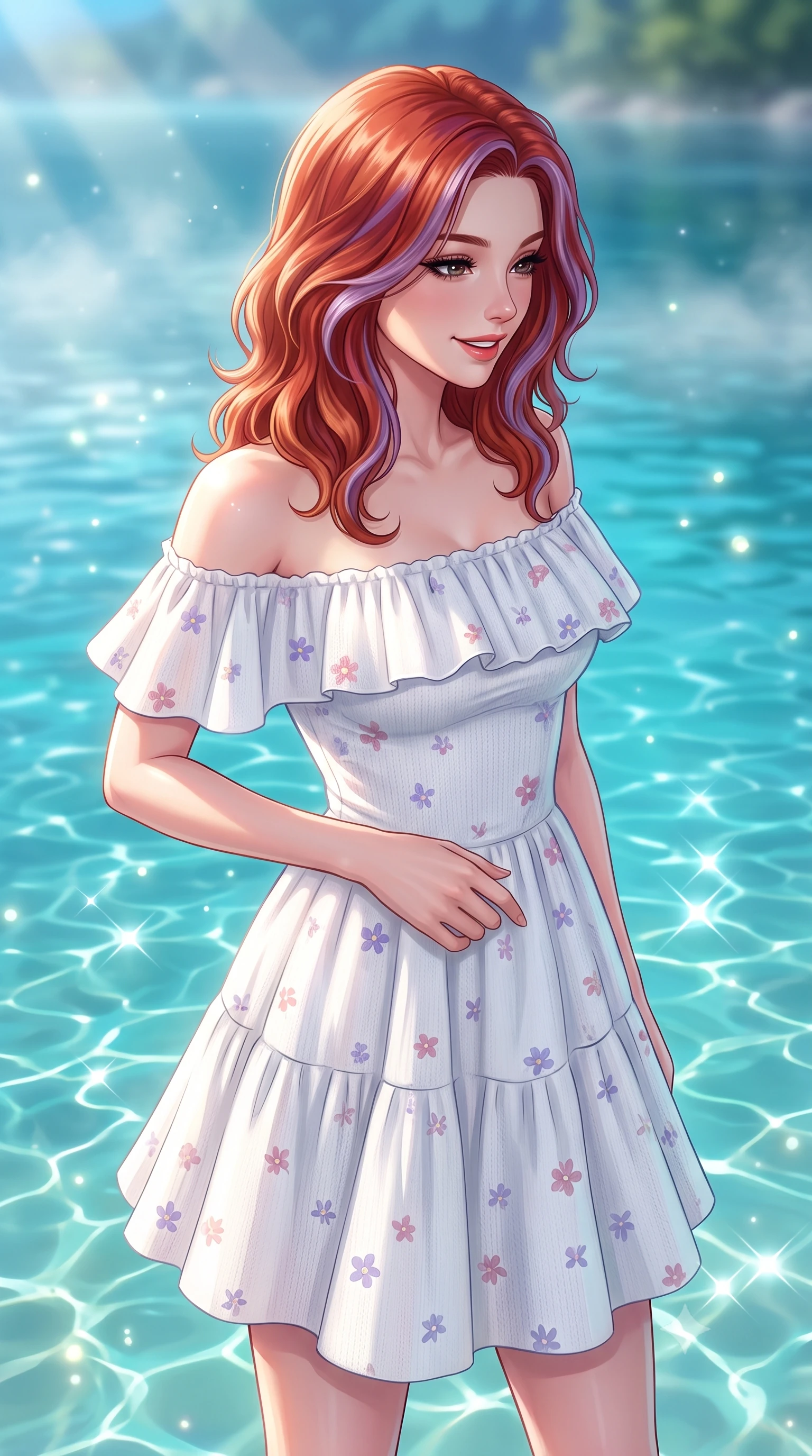score_9, masterpiece, best quality, ultra-detailed, high-budget anime keyframe, semi-realistic 3D game render, editorial fashion photography, tasteful artistic composition, Caucasian woman. close-up cowboy shot from the waist and thighs up, the character dominates the composition, filling the frame with her large presence. resting one hand lightly on her waist while casting a charming, captivating side-gaze with thick eyelashes while gazing into the crystal turquoise water with a delighted smile as sunbeams create dancing aquatic caustics. The composition keeps background elements in soft focus with creamy bokeh. shimmering water light refractions and drifting lake mist scattering soft glowing light motes. She has an exceptionally elegant, slender, and willowy female figure with an ultra-slim waist, a gracefully sculpted slender torso, toned flat midriff, and a refined slim silhouette. sharp v-shaped jawline, high-bridge nose, intricate jewel-like eyes with depth, thick eyelashes, glossy lips with a natural sheen, pure and lovely fresh girlhood expression, flawlessly proportioned anatomical accuracy, strict slender model proportions, natural body alignment, perfectly sculpted long slender limbs, ultra-slim waistline, clean dynamic posture without body distortion. wearing a graceful off-shoulder cotton sundress with a ruffled neckline and tiered A-line skirt in fresh alpine white with subtle pastel floral accents, knitted from ultra-soft cozy baby-cashmere yarn, featuring elegant flutter sleeves and a graceful open collar, the chic real-way fashion cut emphasizing her effortless charm, flat midriff, and slender model proportions. bathed in radiant midday sunshine creating sparkling diamond glints across the turquoise lake surface. highly saturated vibrant anime colors, detailed shading with soft gradients, rich glossy textures, high-contrast stereoscopic depth, volumetric dynamic lighting, master piece, 9:16 ratio
