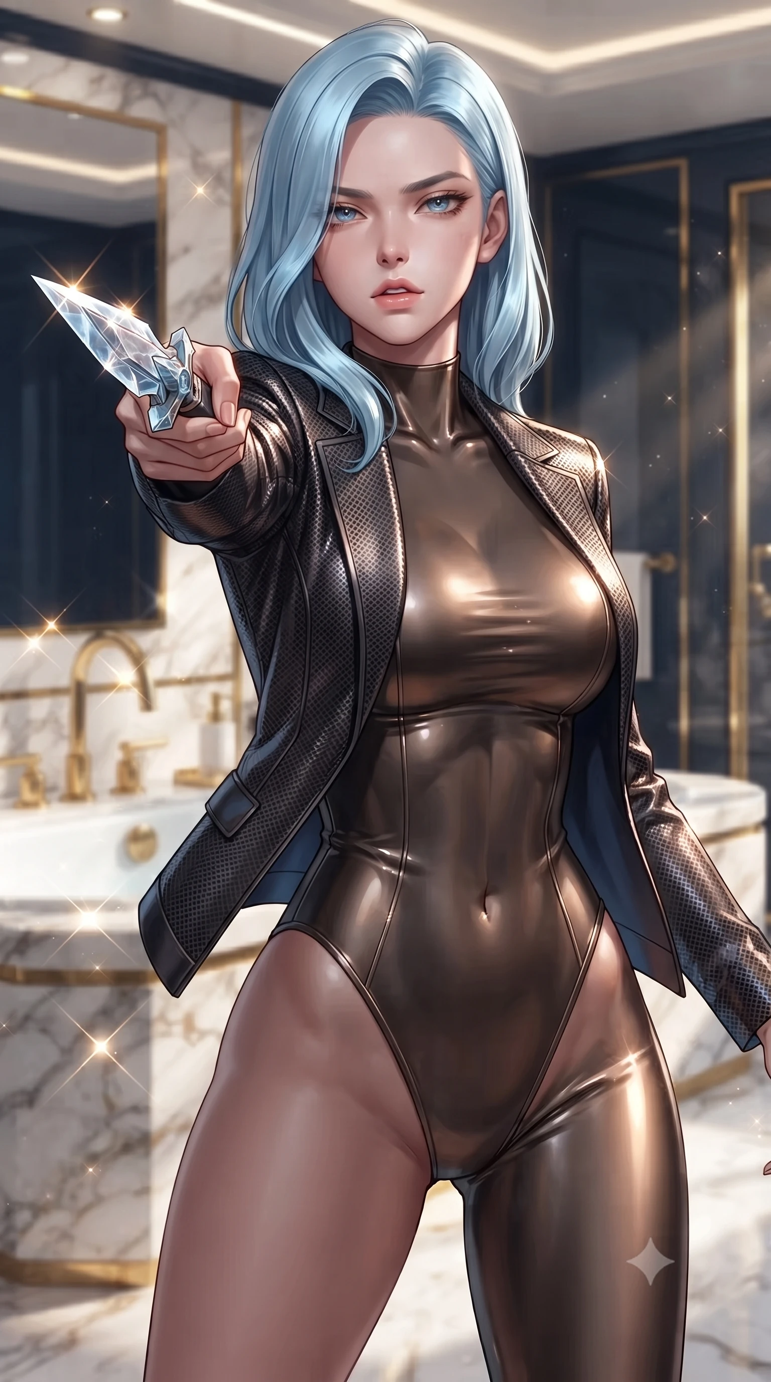 score_9, masterpiece, best quality, ultra-detailed, high-budget anime keyframe, editorial fashion photography, tasteful artistic composition, Korean woman. close-up cowboy shot from the waist and thighs up, the character dominates the composition, filling the frame with her large presence, background elements kept in soft focus. pointing a crystal-edged laser dagger forward in a defensive stance, tilting her chin up slightly with lips parted in a composed pose, the background shows a soft-focus a yacht suite bedroom with marble bath vanity and gold plumbing fixtures. She has an exceptionally elegant, slender, and willowy female figure with an ultra-slim waist, a gracefully sculpted slender torso, and a refined silhouette. sharp v-shaped jawline, high-bridge nose, intricate jewel-like eyes with depth, thick eyelashes, glossy lips with a natural sheen. wearing a slim-fit form-fitting high-neck bodysuit in dark bronze, worn under a tailored open carbon-mesh tactical jacket. bright morning sun rays creating sparkling glints on the marble and gold. ultra-reflective glossy finish, specular highlights, metallic sheen, high-contrast stereoscopic depth, volumetric dynamic lighting, 2k, ultra detail, master piece, 9:16 ratio