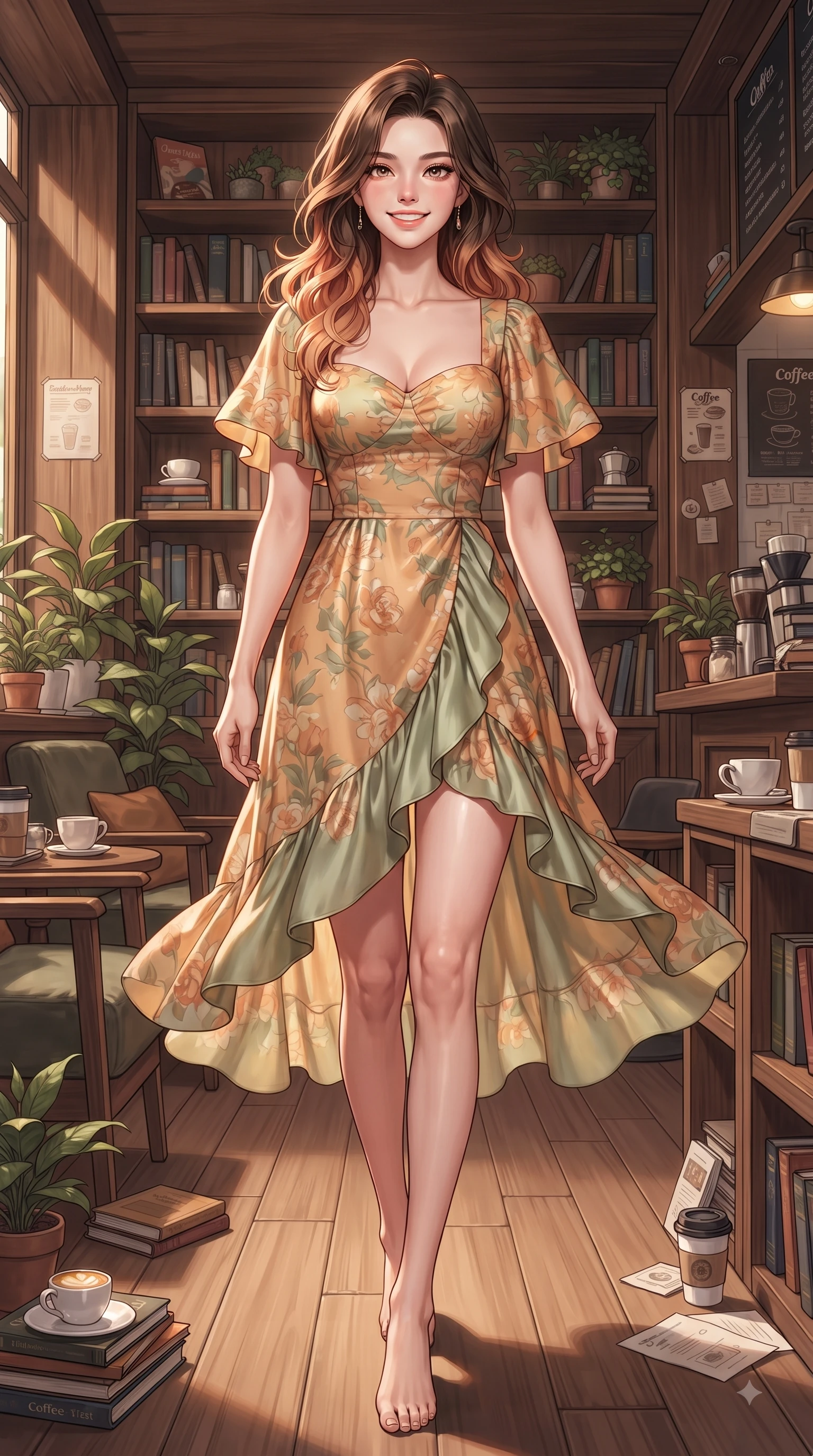 score_9, masterpiece, best quality, ultra-detailed, high-budget anime keyframe, editorial fashion photography, tasteful artistic composition, Korean woman. low angle full-body shot from head to toe showing her feet, filling the entire 9:16 vertical frame with her statuesque presence, stretching her vertical silhouette. walking forward in a proud dynamic stride with a cheerful beaming smile, her vertical silhouette filling the frame while pivoting dynamically in a quiet library nook with a sweet, intelligent smile and sparkling eyes. The surrounding environment is rendered in vivid detail and crisp panoramic clarity. rich wooden interior textures and cozy coffee shop decor rendered with vivid environmental detail. She has an absolutely perfect, statuesque 8.5-heads proportion, an exceptionally tall and slender model-like female figure with impossibly long slender legs and an ultra-slim waist. sharp v-shaped jawline, high-bridge nose, intricate jewel-like eyes with depth, thick eyelashes, glossy lips with a natural sheen, flawlessly proportioned anatomical accuracy, natural body alignment, perfectly sculpted elegant limbs, clean dynamic posture without body distortion. wearing a bright floral print ruffle sundress with a gentle sweetheart neckline in warm apricot and sage green, crafted from smooth fluid silk satin, featuring elegant flutter sleeves and a graceful square neckline, the chic real-way fashion cut emphasizing her effortless charm. surrounded by a cozy, serene, and healing book cafe atmosphere. ultra-reflective glossy finish, specular highlights, metallic sheen, high-contrast stereoscopic depth, volumetric dynamic lighting, 2k, ultra detail, master piece, 9:16 ratio