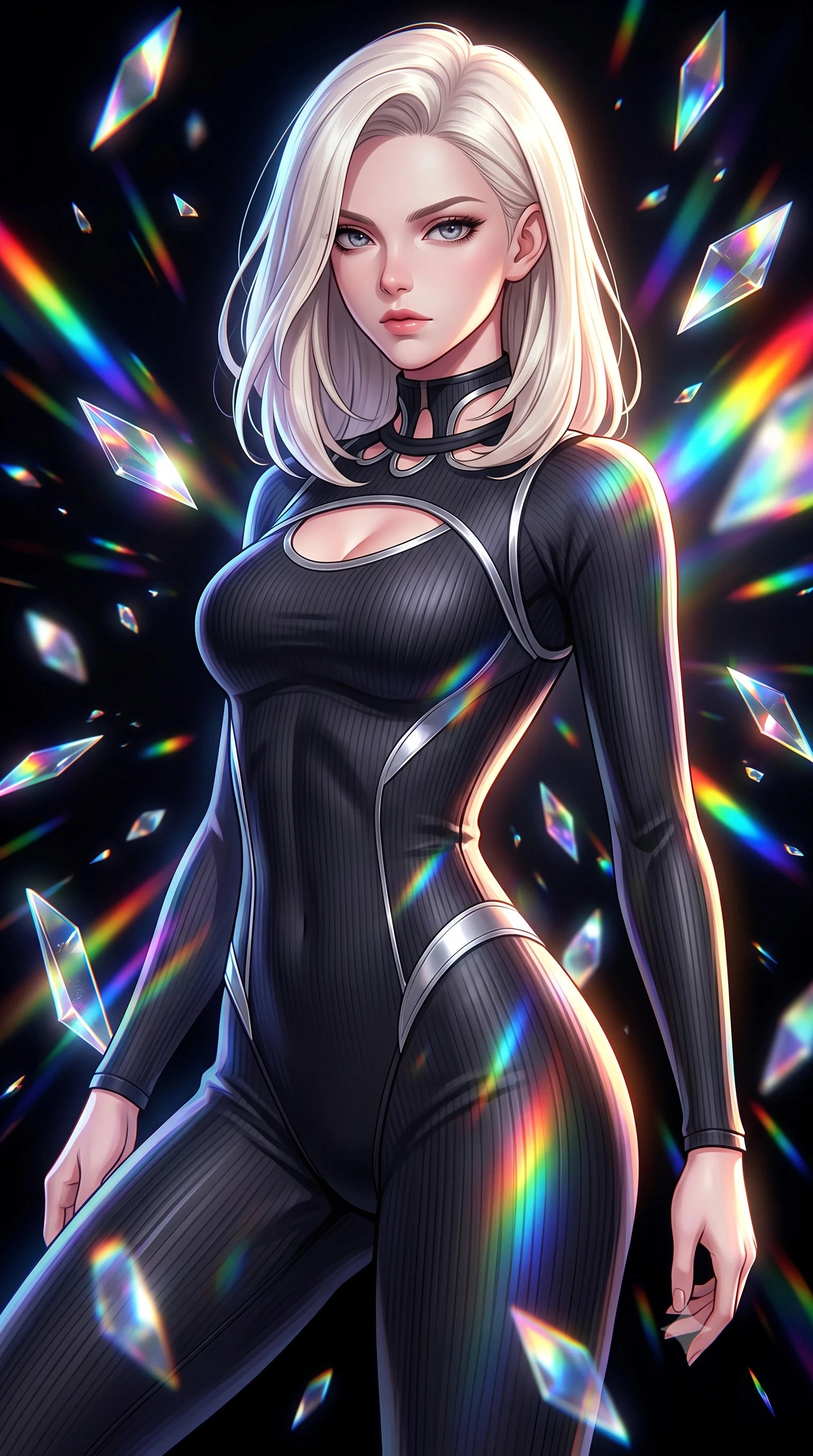 score_9, masterpiece, best quality, ultra-detailed, high-budget anime keyframe, editorial fashion photography, tasteful artistic composition, Caucasian woman. close-up cowboy shot from the waist and thighs up, the character dominates the composition, filling the frame with her large presence, background elements kept in soft focus. Gazing past the lens with composed intensity as her torso curves dynamically in mid-motion while floating dynamically in a high-contrast void surrounded by suspended prismatic mirror petals, shattered glass prisms scattering intense rainbow light rays across her athletic build. She has an exceptionally elegant, slender, and willowy female figure with an ultra-slim waist, a gracefully sculpted slender torso, and a refined silhouette. sharp v-shaped jawline, high-bridge nose, intricate jewel-like eyes with depth, thick eyelashes, glossy lips with a natural sheen, flawlessly proportioned anatomical accuracy, natural body alignment, perfectly sculpted elegant limbs, clean dynamic posture without body distortion. wearing a form-fitting ribbed activewear set with elegant collar cutouts in matte black and polished silver, formed from sleek second-skin neoprene, accented with a Tasteful chest slit framing her clavicle gracefully, the tailored fabric tightly following every curve of her athletic build. bathed in brilliant multi-color rainbow light refracting through floating glass prisms. highly saturated vibrant anime colors, detailed shading with soft gradients, rich glossy textures, high-contrast stereoscopic depth, volumetric dynamic lighting, master piece, 9:16 ratio