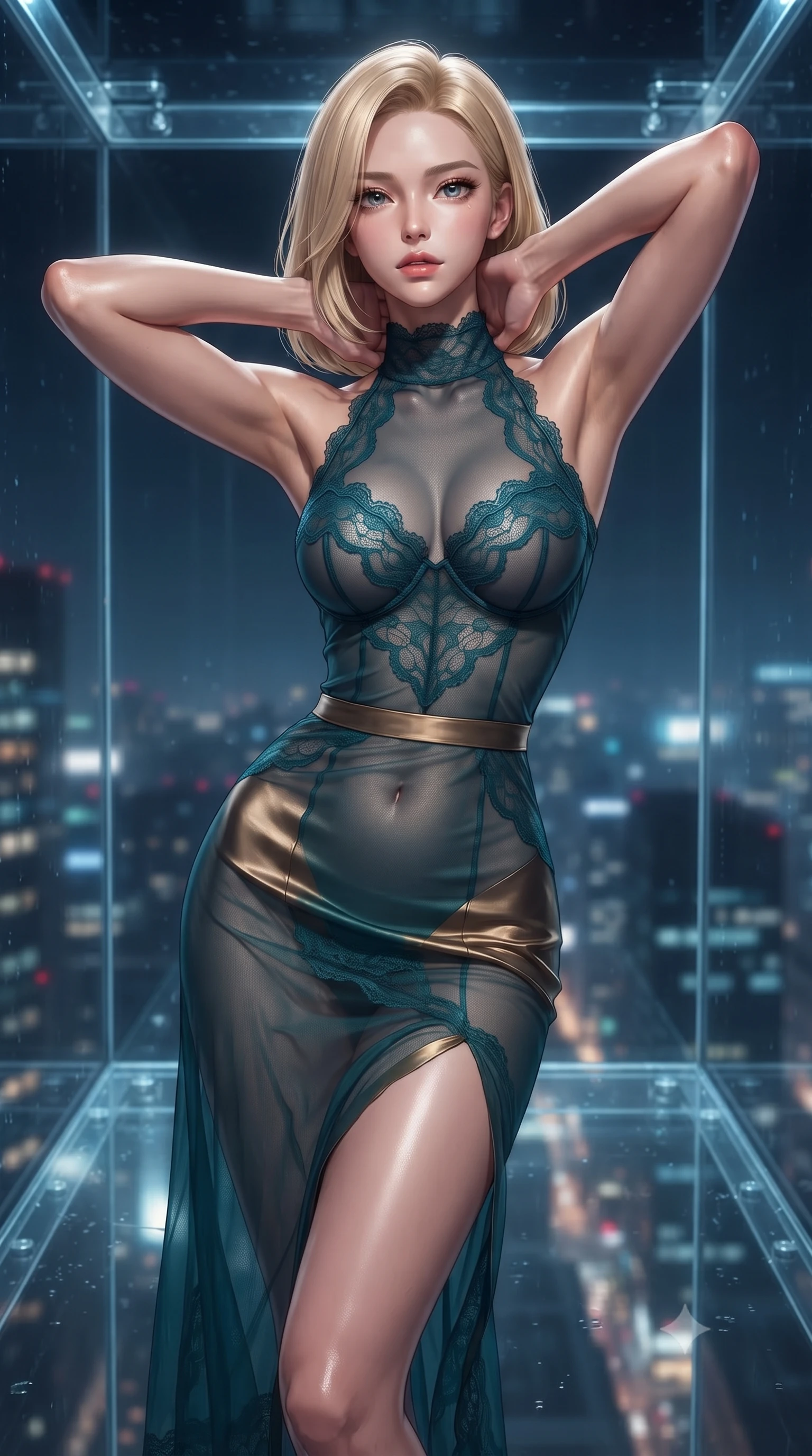 score_9, masterpiece, best quality, ultra-detailed, high-budget anime keyframe, editorial fashion photography, tasteful artistic composition, Korean woman. close-up cowboy shot from the waist and thighs up, the character dominates the composition, filling the frame with her large presence. resting both hands lightly behind her neck with elbows raised, arching her spine to highlight her narrow waist, flat midriff, and breathtaking collarbones while standing centered in the fully transparent glass swimming cube suspended outside the skyscraper, arching her back with breathtaking daring. The background shows a soft-focus acrylic swimming cube structural brackets softened in dizzying architectural shallow focus. She has an exceptionally elegant, slender, and willowy female figure with an ultra-slim waist, flat toned midriff, narrow ribcage, and sculpted feminine hips creating an alluring, slim hourglass silhouette without bulk. sharp v-shaped jawline, high-bridge nose, sparkling eyes with hypnotic seductive depth, thick curled eyelashes, glossy parted lips with a natural dewy peach sheen, alluring bedroom-eyes with an enchanting coquettish smile, exuding magnetic siren charisma and sophisticated glamour, flawlessly proportioned anatomical accuracy, strict slender model proportions, natural body alignment, perfectly sculpted long slender limbs, ultra-slim waistline, clean dynamic posture without body distortion. wearing a provocative high-neck sheer illusion cocktail dress with liquid satin ribbons contouring her curves in deep peacock teal and burnished antique brass, made of sheer gossamer chiffon that drapes softly against skin with airy translucence, finished with scalloped eyelash lace trim framing her sweetheart neckline with intimate elegance, the second-skin tailored fabric adhering flawlessly to her sculpted flat midriff and slender torso, emphasizing her long leg lines and perfectly proportioned willowy build. bathed in crisp underwater pool lighting paired with upward metropolitan light pollution fill. ultra-reflective glossy finish, specular highlights, rich textural contrasts, high-contrast stereoscopic depth, volumetric dynamic lighting, 2k, ultra detail, master piece, 9:16 ratio