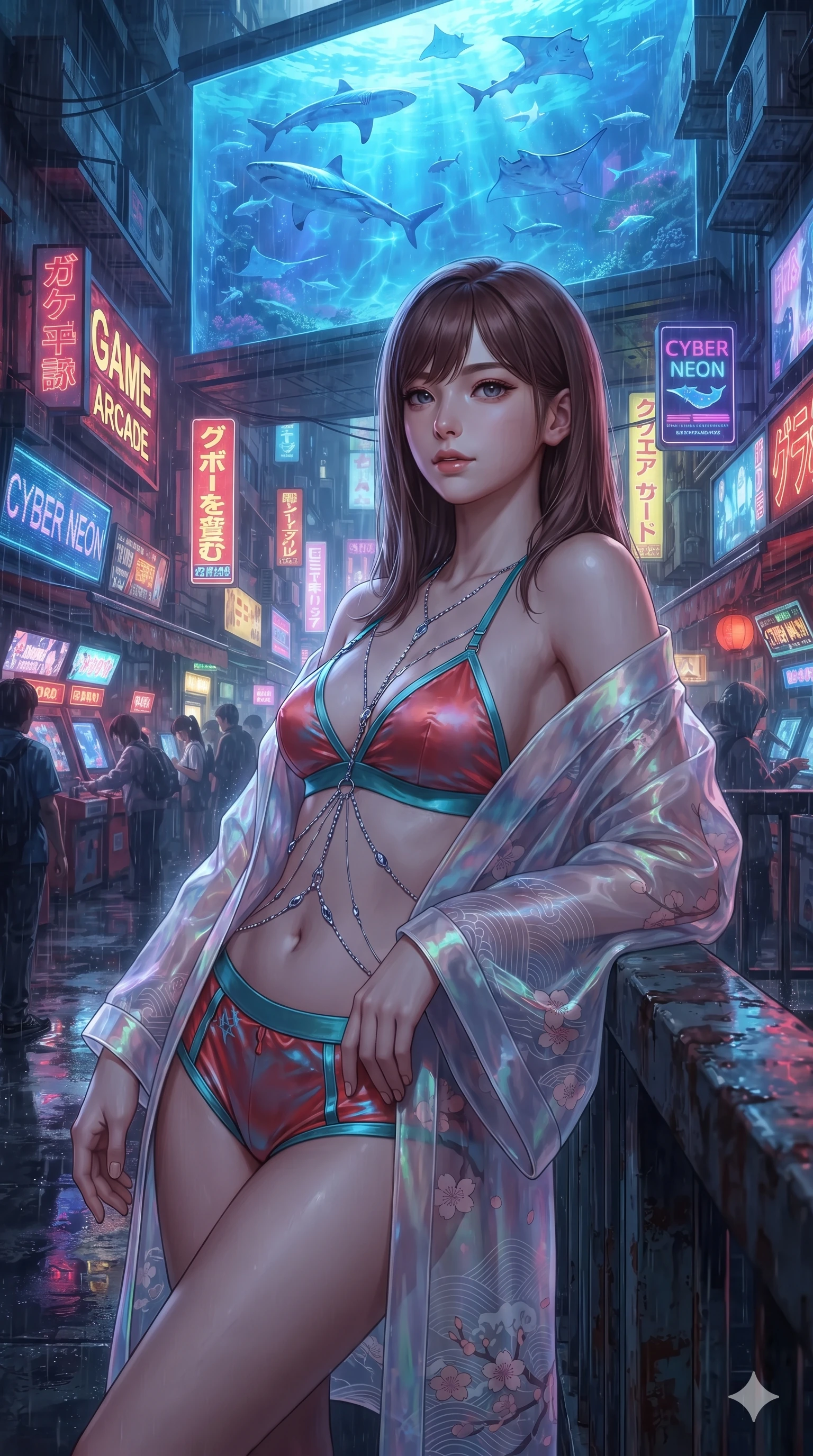 score_9, masterpiece, best quality, ultra-detailed, high-budget anime keyframe, editorial fashion photography, tasteful artistic composition, Korean woman. close-up cowboy shot from the waist and thighs up, the character dominates the composition, filling the frame with her large presence. leaning back against the balustrade with relaxed seductive grace, head tilted back slightly while casting a hypnotic, heavy-lidded gaze while standing poised in the crowded cyber-arcade alley beneath a giant virtual aquarium billboard projecting swimming sharks and manta rays, arching her spine with seductive charisma. The background shows a soft-focus rain puddles reflecting arcade signs softened in cyberpunk market alley shallow focus. She has an exceptionally elegant, slender, and willowy female figure with an ultra-slim waist, flat toned midriff, narrow ribcage, and sculpted feminine hips creating an alluring, slim hourglass silhouette without bulk. sharp v-shaped jawline, high-bridge nose, intricate jewel-like sparkling eyes with depth, thick eyelashes, glossy parted lips with a natural peach sheen, bright cheerful beaming smile with an enchanting and coquettish sensual glint, exuding both youthful cute charm and seductive allure, flawlessly proportioned anatomical accuracy, strict slender model proportions, natural body alignment, perfectly sculpted long slender limbs, ultra-slim waistline, clean dynamic posture without body distortion. wearing a translucent iridescent organza kimono robe slipping off bare shoulders over a matching satin micro-bralette and micro-shorts in cyber-shinto vermilion and laser turquoise, woven from structured carbon-fiber jacquard with rich textural depth, accented with a chrome-drop body harness subtly framing her dewy collarbones and spine, the precision-cut side openings and low-back scoop framing her graceful spine and the sensual sweep of her slim, toned hips. bathed in the glowing azure and indigo illumination of the monumental virtual aquarium billboard. ultra-reflective glossy finish, specular highlights, rich textural contrasts, high-contrast stereoscopic depth, volumetric dynamic lighting, 2k, ultra detail, master piece, 9:16 ratio