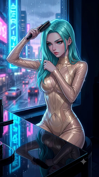 score_9, masterpiece, best quality, ultra-detailed, High-budget Anime Keyframe, East Asian woman. Low angle cowboy shot filling the entire 9:16 frame with her statuesque presence. Scenario 408: brushing her hair while seated before a vanity of black 