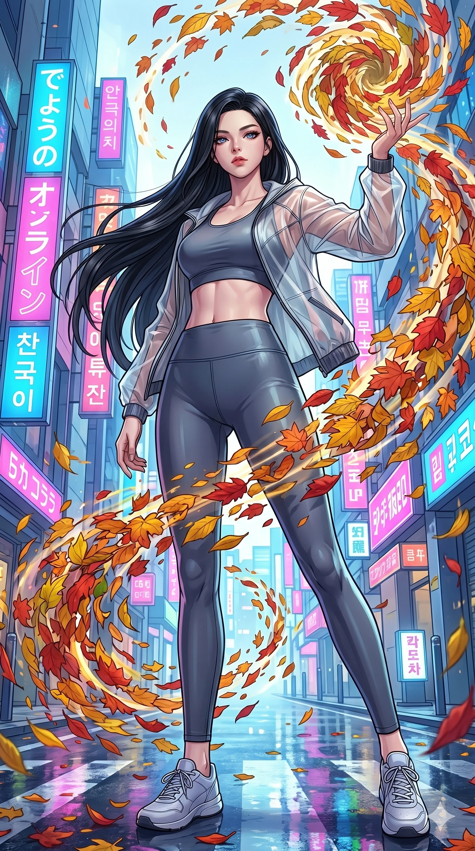 score_9, masterpiece, best quality, ultra-detailed, Set C: High-budget Anime Keyframe, Korean woman. Low angle cowboy shot filling the entire 9:16 frame with her statuesque presence. Summoning a vortex of colorful leaves in a futuristic Tokyo street. She has an absolutely perfect 8-heads proportion, an exceptionally tall and slender female figure with elegant long slender legs and an slender waist. Sharp v-shaped jawline, high-bridge nose, intricate jewel-like eyes with depth, thick eyelashes, glossy lips. Wearing a Premium Athleisure outfit: sleek activewear with a sheer windbreaker and athletic midsection. Background is a bright and colorful city street with vibrant neon, rain reflections, and swirling fall foliage. 2k, ultra detail, master piece, 9:16 ratio
