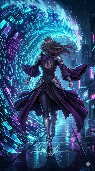 score_9, masterpiece, best quality, ultra-detailed, high-budget anime movie keyframe, cinematic anime lighting, intricate line art, Caucasian (strictly human ears) anime girl. Low angle cowboy shot capturing a powerful motion and statuesque presence.