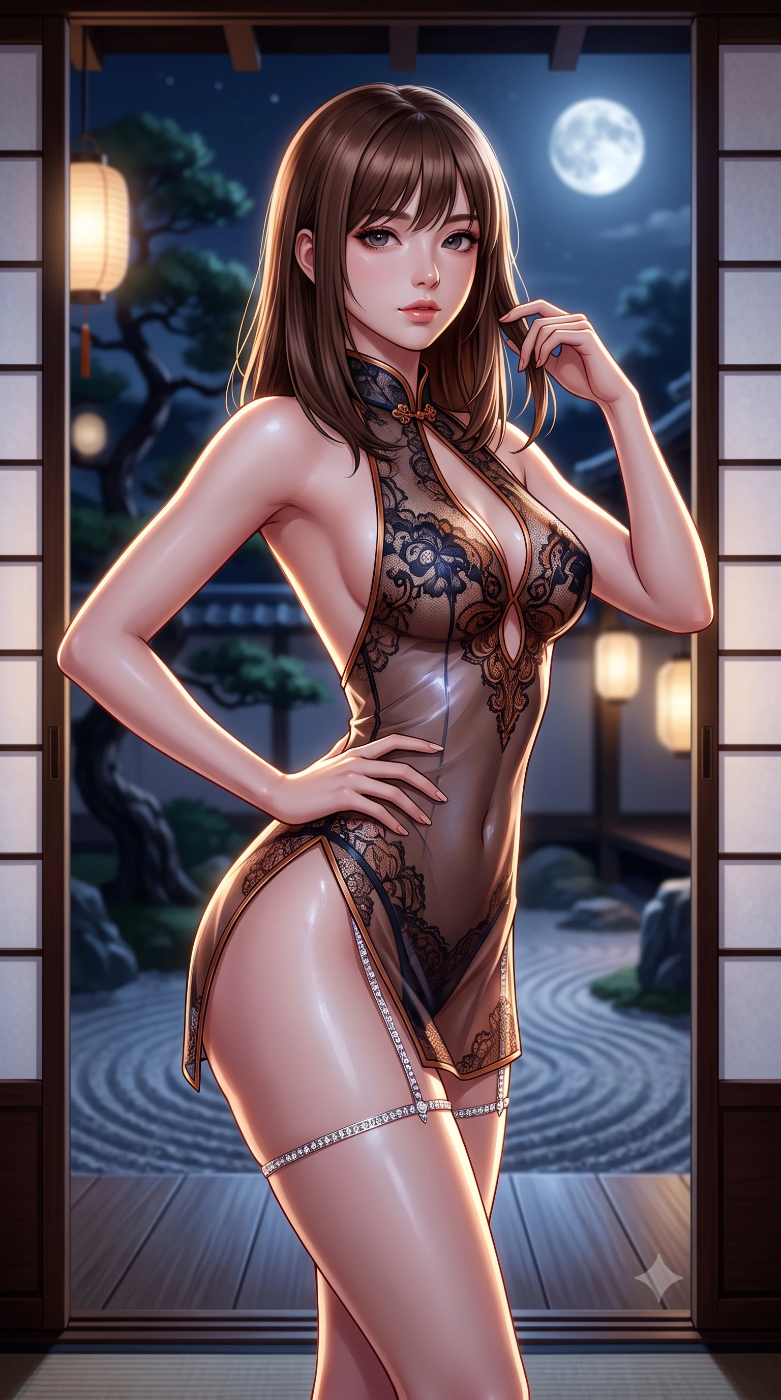score_9, masterpiece, best quality, ultra-detailed, high-budget anime keyframe, semi-realistic 3D game render, editorial fashion photography, tasteful artistic composition, Korean woman. close-up cowboy shot from the waist and thighs up, the character dominates the composition, filling the frame with her large presence. twisting her slender torso in an alluring contrapposto stance, one hand resting on her sculpted hip while her fingers toy with her hair with effortless poise while standing poised beside the floor-to-ceiling opened shoji screens overlooking the dry rock garden, arching her spine with geisha-inspired supermodel poise as moonlight silhouettes twisted black pines. The background shows a soft-focus twisted silhouettes of centuries-old black pines against silver moonlit sky, raked gravel garden ripples, and hanging andon lanterns blurred into ivory, charcoal, and gold bokeh. She has an exceptionally elegant, slender, and willowy female figure with an ultra-slim waist, flat toned midriff, narrow ribcage, and sculpted feminine hips creating an alluring, slim hourglass silhouette without bulk. sharp v-shaped jawline, high-bridge nose, intricate jewel-like sparkling eyes with depth, thick eyelashes, glossy parted lips with a natural peach sheen, bright cheerful beaming smile with an enchanting and coquettish sensual glint, exuding both youthful cute charm and seductive allure, flawlessly proportioned anatomical accuracy, strict slender model proportions, natural body alignment, perfectly sculpted long slender limbs, ultra-slim waistline, clean dynamic posture without body distortion. wearing a delicate sheer Chantilly lace cheongsam teddy with open mandarin collar and deep keyhole back in Lofoten midnight obsidian and warm hearth copper, crafted from translucent silk organza with an ethereal crystalline sheen, finished with delicate crystal-encrusted thigh garter straps glinting in the dim light, the precision-cut side openings and low-back scoop framing her graceful spine and the sensual sweep of her slim, toned hips. illuminated by black lacquer reflection fill and sharp champagne-gold rim lights defining her dewy collarbones, ultra-slim waist, and curvy hips. highly saturated vibrant anime colors, detailed shading with soft gradients, rich glossy textures, high-contrast stereoscopic depth, volumetric dynamic lighting, master piece, 9:16 ratio