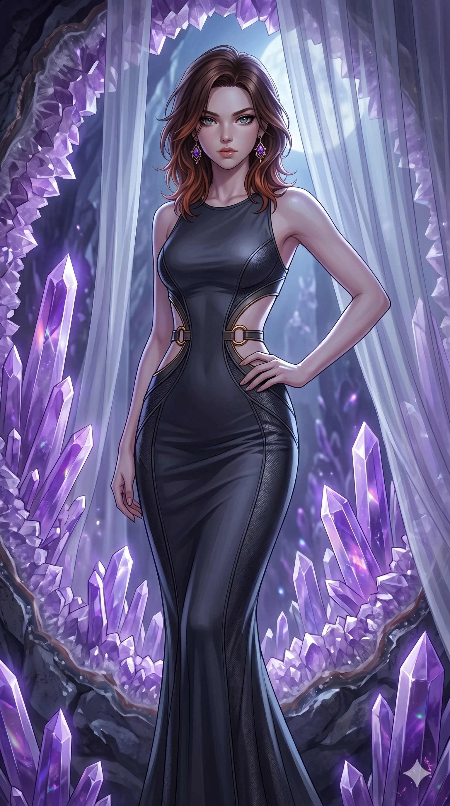 score_9, masterpiece, best quality, ultra-detailed, high-budget anime keyframe, editorial fashion photography, tasteful artistic composition, Caucasian woman, strictly human ears. cowboy shot from the thighs up, character and outfit filling the frame for maximum editorial presence. Holding a confident power pose with one hand on her hip inside a crystalline geode cavern lined with towering amethyst spires casting violet prismatic light. She has an absolutely perfect 8-heads proportion, an exceptionally tall and slender female figure with impossibly long slender legs and an ultra-slim waist. V-shaped jawline, high-bridge nose, intricate jewel-like eyes with depth, thick eyelashes, glossy lips with a natural sheen. wearing a dark charcoal fitted floor-length gown with dramatic curved architectural cutouts at the sides of the torso framed by gold ring hardware, emphasizing the ultra-slim waist. bathed in cold silver moonlight filtered through translucent gossamer curtains casting soft shadows on her curves. 2k, ultra detail, master piece, 9:16 ratio