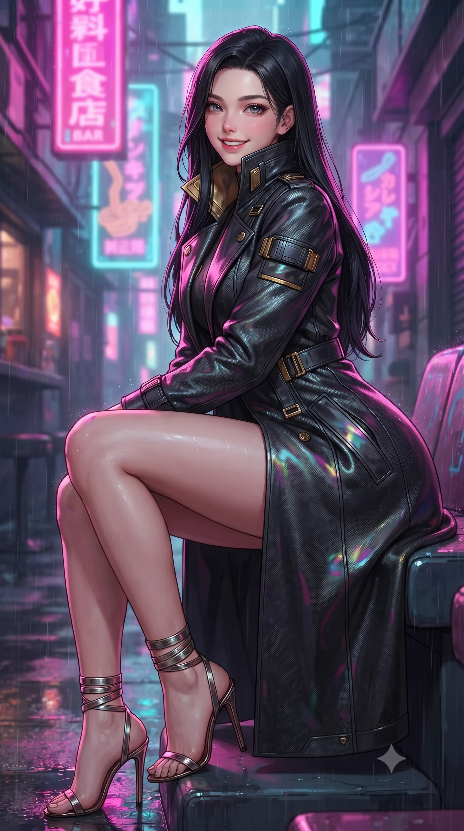 score_9, masterpiece, best quality, ultra-detailed, high-budget anime keyframe, editorial fashion photography, tasteful artistic composition, Korean woman. close-up cowboy shot from the waist and thighs up, the character dominates the composition, filling the frame with her large presence. perched sideways on the lounge seat, one knee drawn up to showcase her slender leg line while her arched back accentuates her feminine hip curve while twisting her slender torso in an alluring contrapposto stance, flashing pink and cyan holographic noodle bar signs casting vibrant reflections on her narrow waist and hips. The background shows a soft-focus fine acid rain mist softened in cyberpunk Shinjuku alley canyon shallow focus. She has an exceptionally elegant, slender, and willowy female figure with an ultra-slim waist, flat toned midriff, narrow ribcage, and sculpted feminine hips creating an alluring, slim hourglass silhouette without bulk. sharp v-shaped jawline, high-bridge nose, intricate jewel-like sparkling eyes with depth, thick eyelashes, glossy parted lips with a natural peach sheen, bright cheerful beaming smile with an enchanting and coquettish sensual glint, exuding both youthful cute charm and seductive allure, flawlessly proportioned anatomical accuracy, strict slender model proportions, natural body alignment, perfectly sculpted long slender limbs, ultra-slim waistline, clean dynamic posture without body distortion. wearing a bespoke tactical commander trench coat in matte carbon-weave with magnetic utility buckles, storm flaps, and high standing collar in singularity accretion gold and space void onyx, tailored from high-density tech-wool with subtle metallic thread weave, complemented by strappy stiletto sandals with metallic ankle wraps accentuating her slender calves, the bespoke structured tailoring following the natural line of her 8.5-heads silhouette with refined elegance. illuminated by wet metal reflection bounce and sharp neon-magenta rim lights defining her razor-sharp jawline, narrow waist, and curvy hips. ultra-reflective glossy finish, specular highlights, rich textural contrasts, high-contrast stereoscopic depth, volumetric dynamic lighting, 2k, ultra detail, master piece, 9:16 ratio